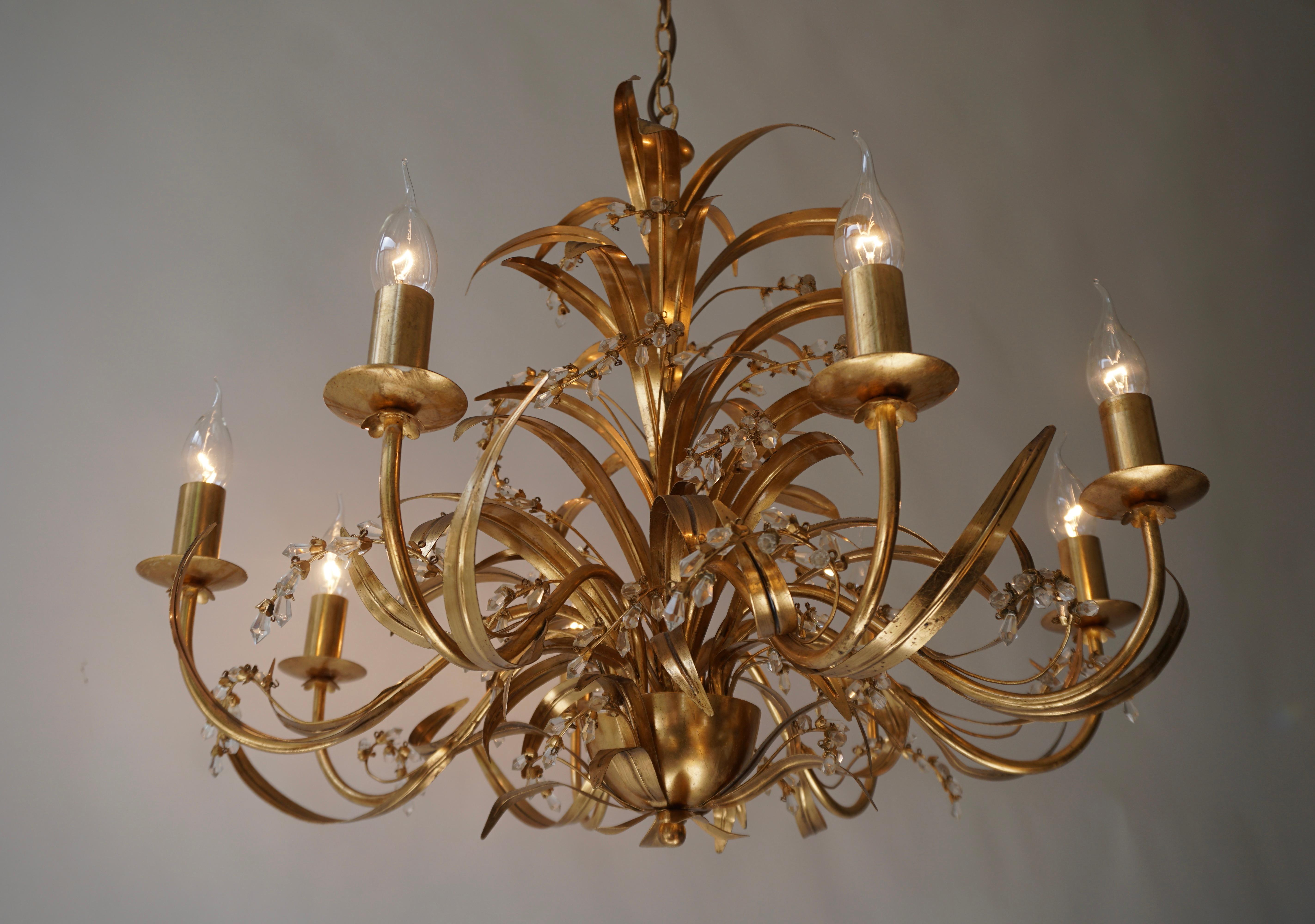 Italian Gilt Tole and Crystal Palm Frond Chandelier For Sale 1