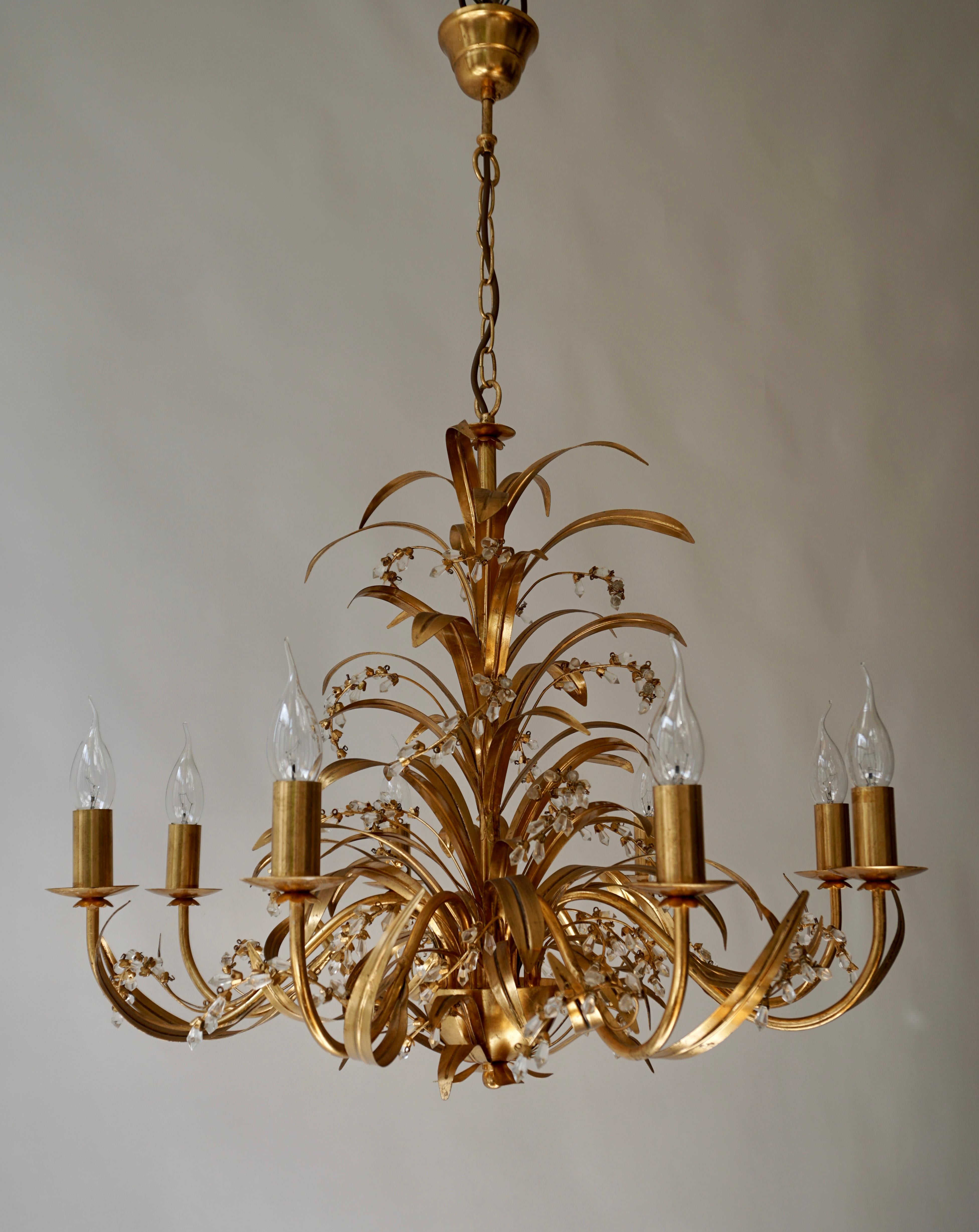 Italian Gilt Tole and Crystal Palm Frond Chandelier For Sale 2