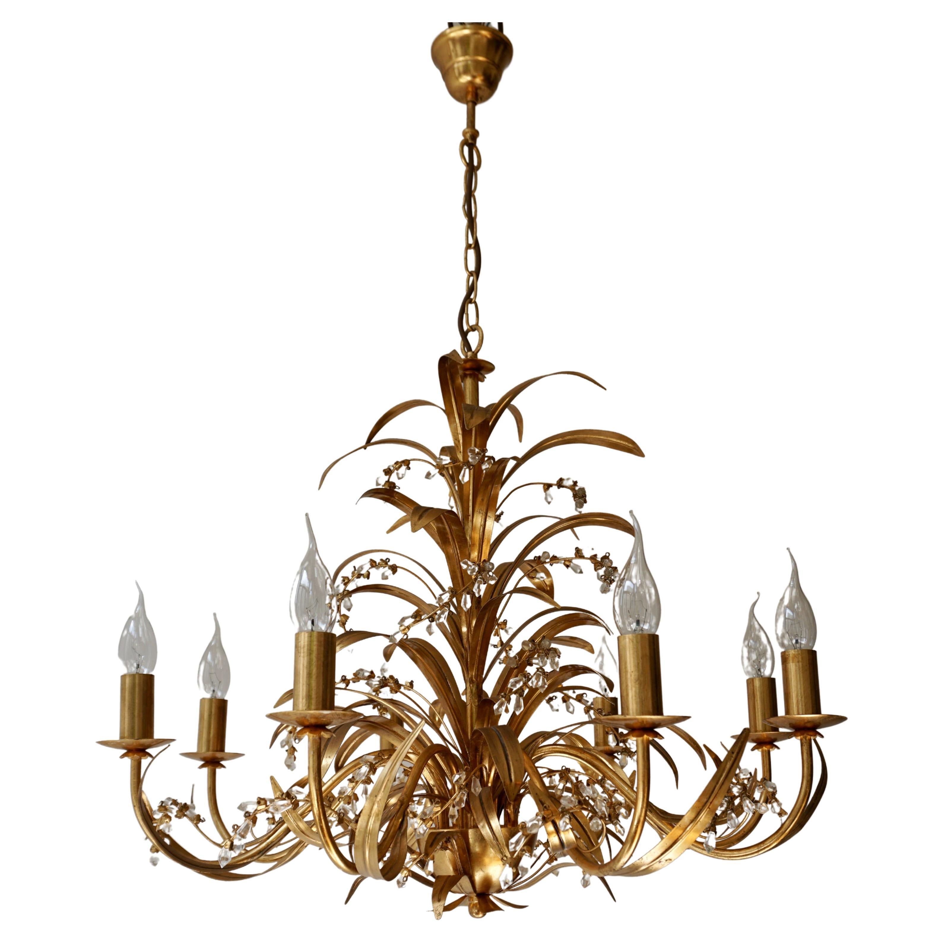 Italian Gilt Tole and Crystal Palm Frond Chandelier For Sale