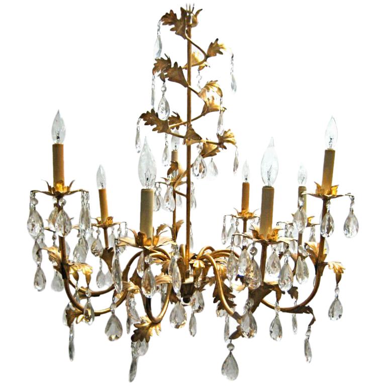Italian Gilt Tole Chandelier with Crystal Drops