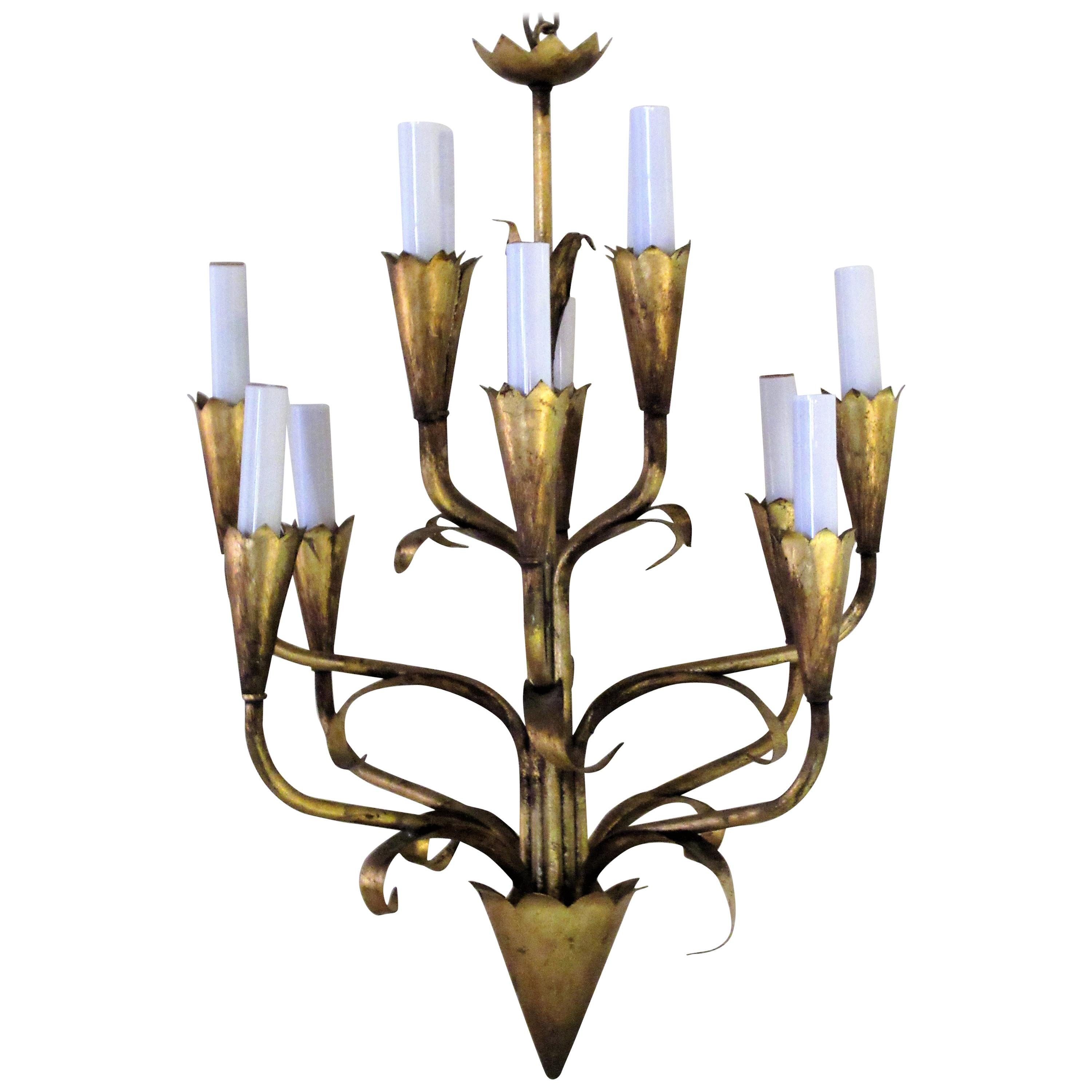  Gilt Tole Metal Leaf Form Chandelier