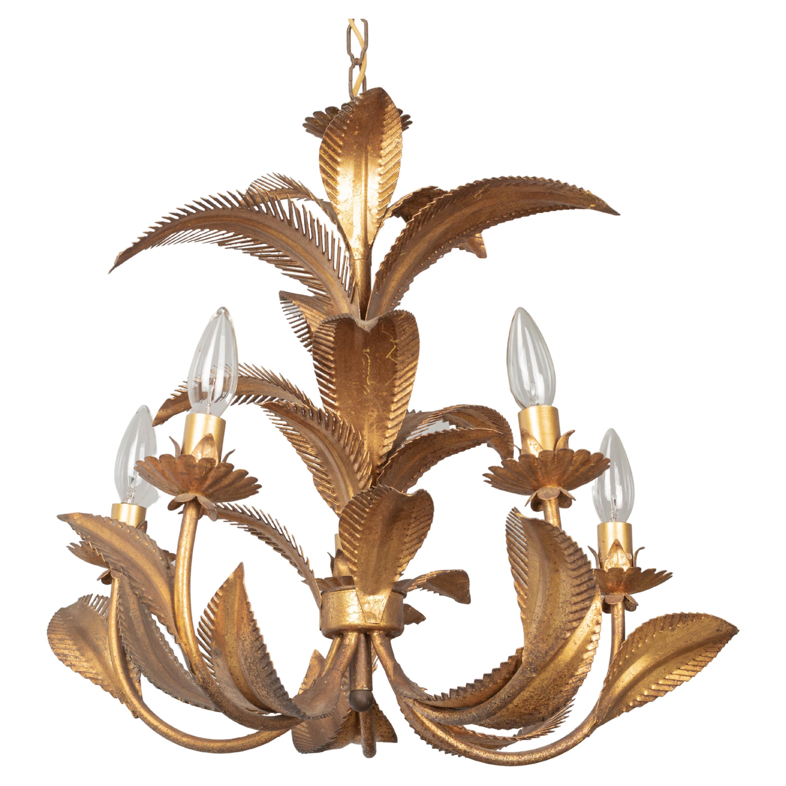 Italian Gilt Tole Palm Frond Chandelier For Sale at 1stDibs
