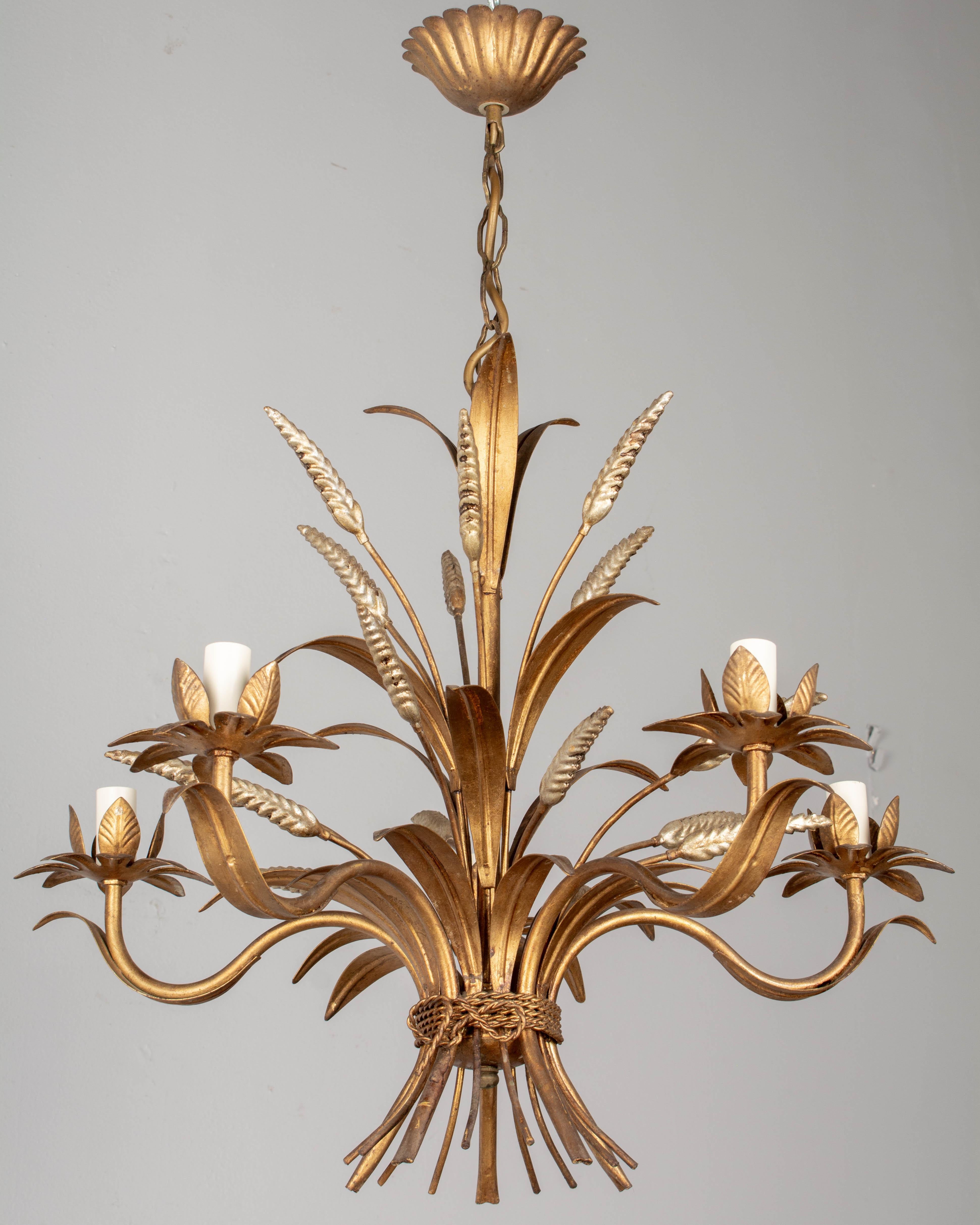 Hollywood Regency Italian Gilt Tole Sheaf of Wheat Chandelier