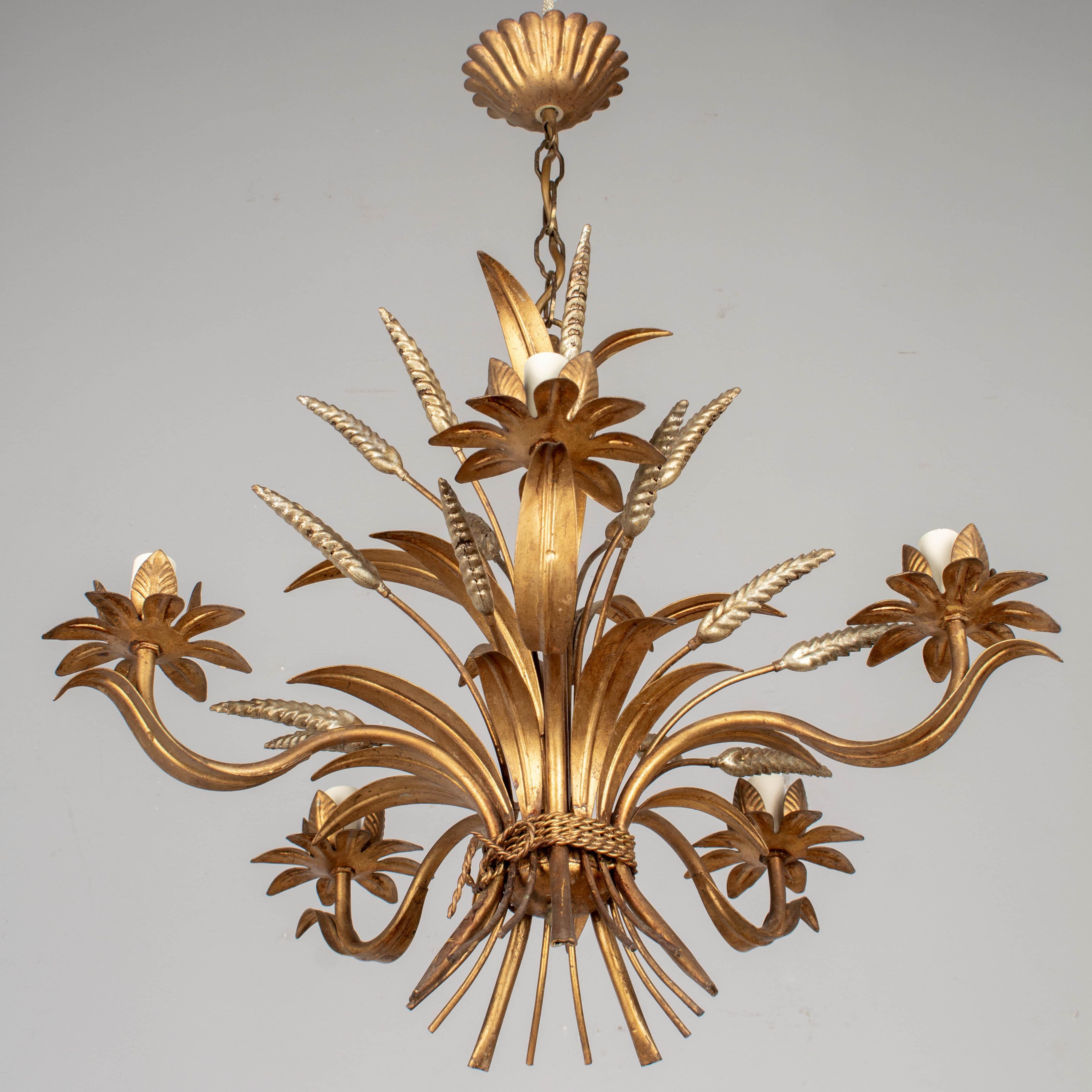 20th Century Italian Gilt Tole Sheaf of Wheat Chandelier