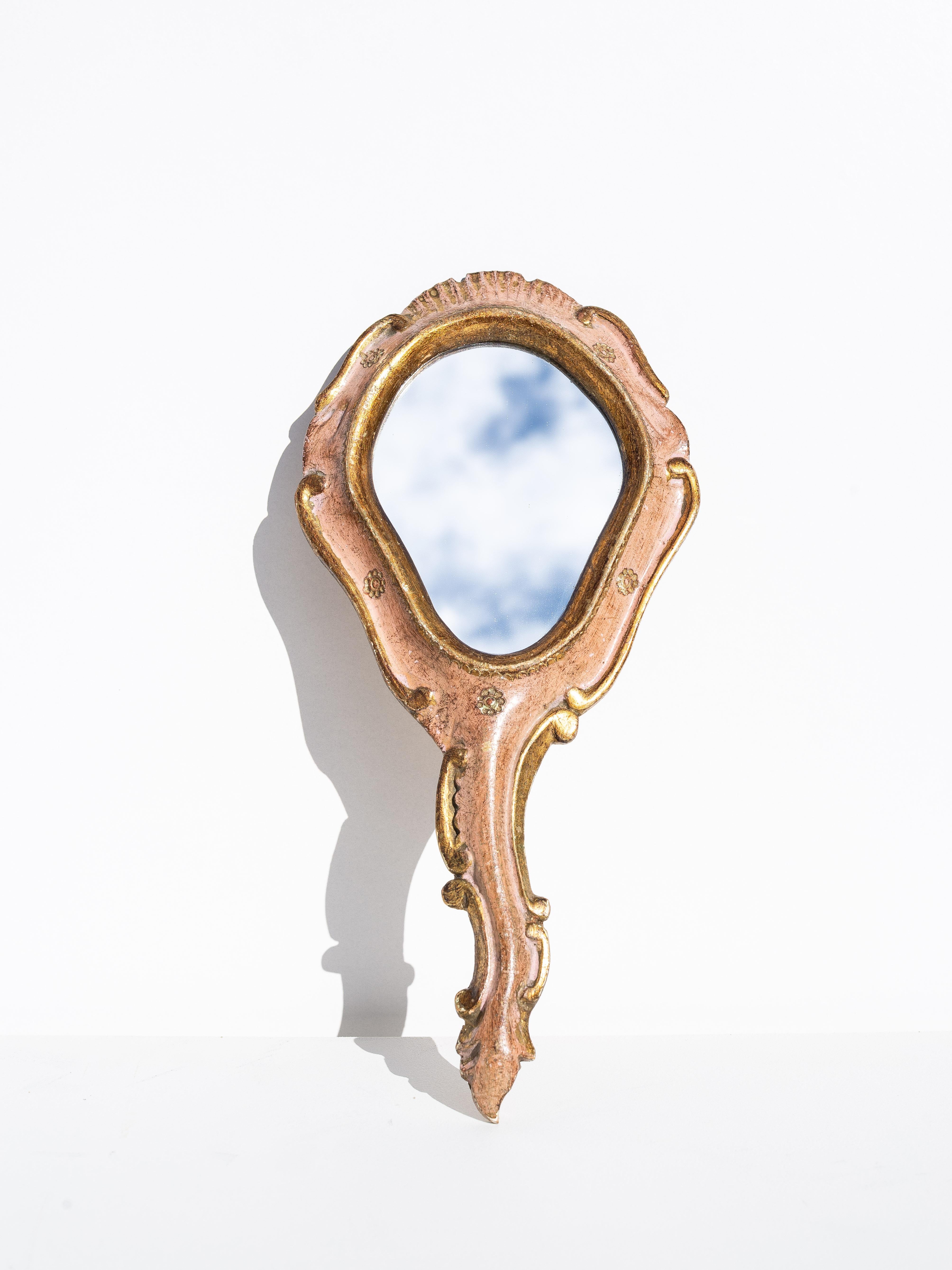 Rococo Miroir à main vénitien doré - Miroir de courtoisie Florentine - Italie 1940s en vente
