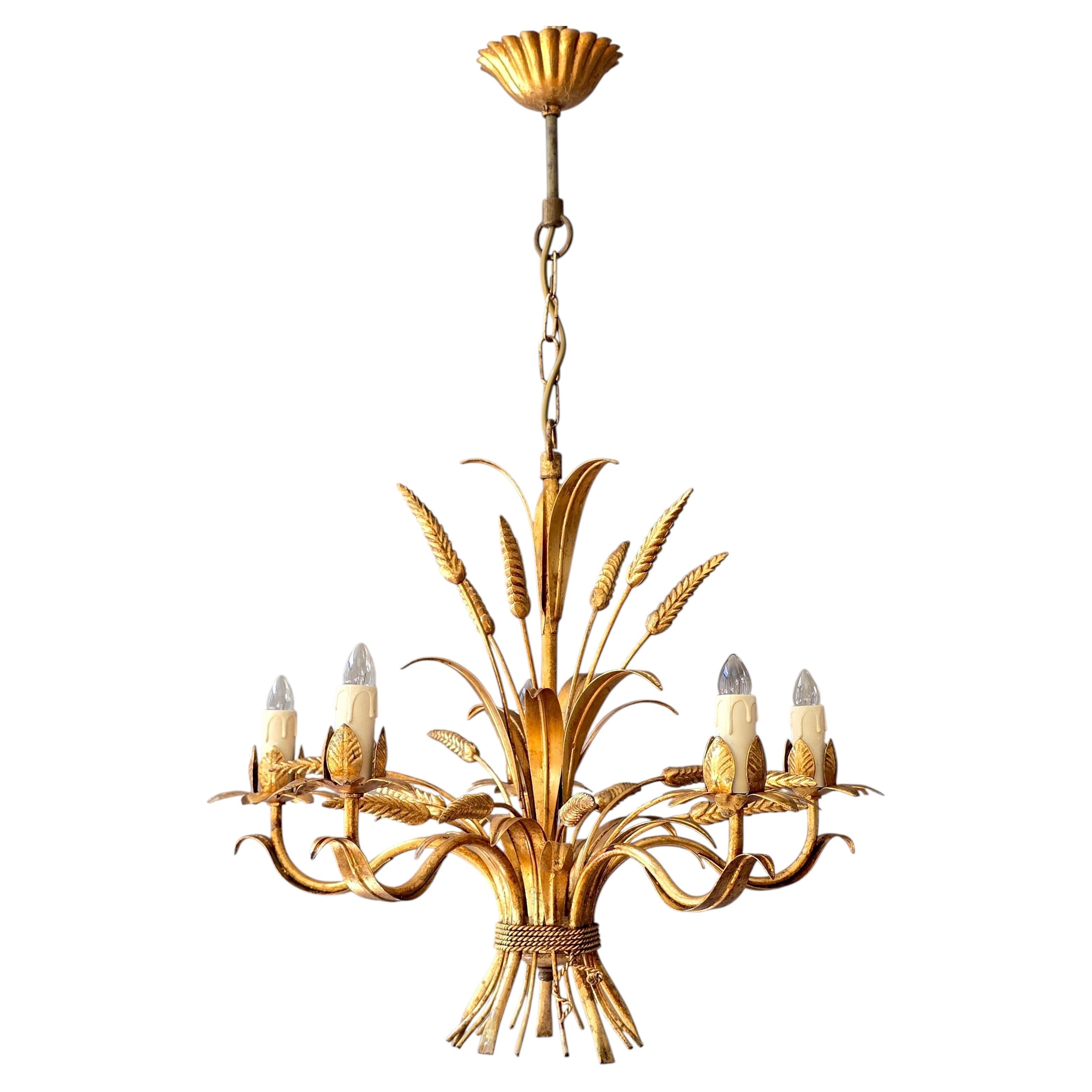 Italian Gilt Wheat Sheaf Chandelier, 5 Lights, 1960s For Sale