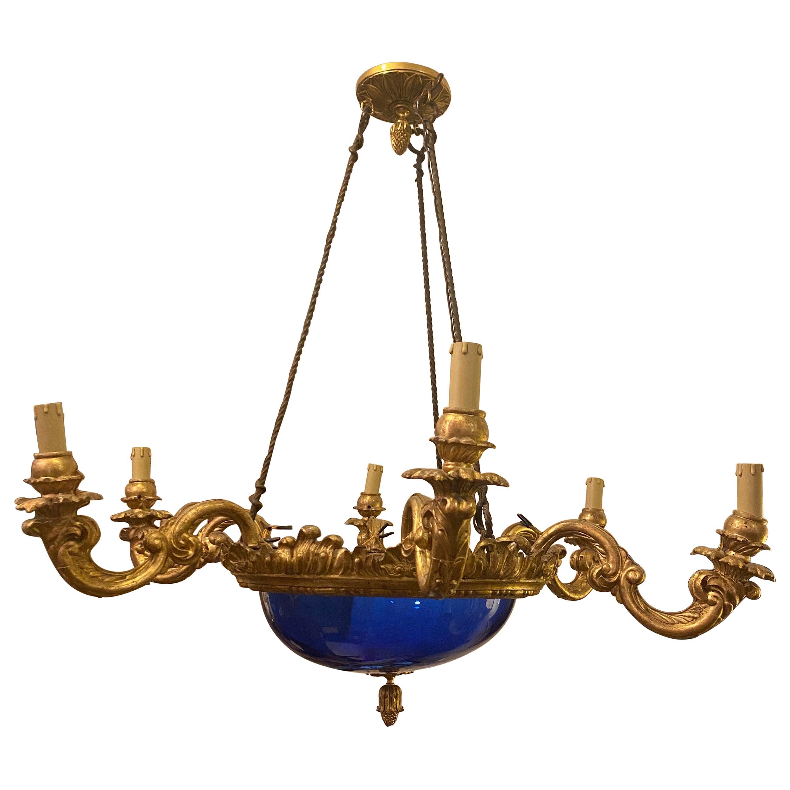 Italian Gilt Wood and Blown Glass Chandelier For Sale