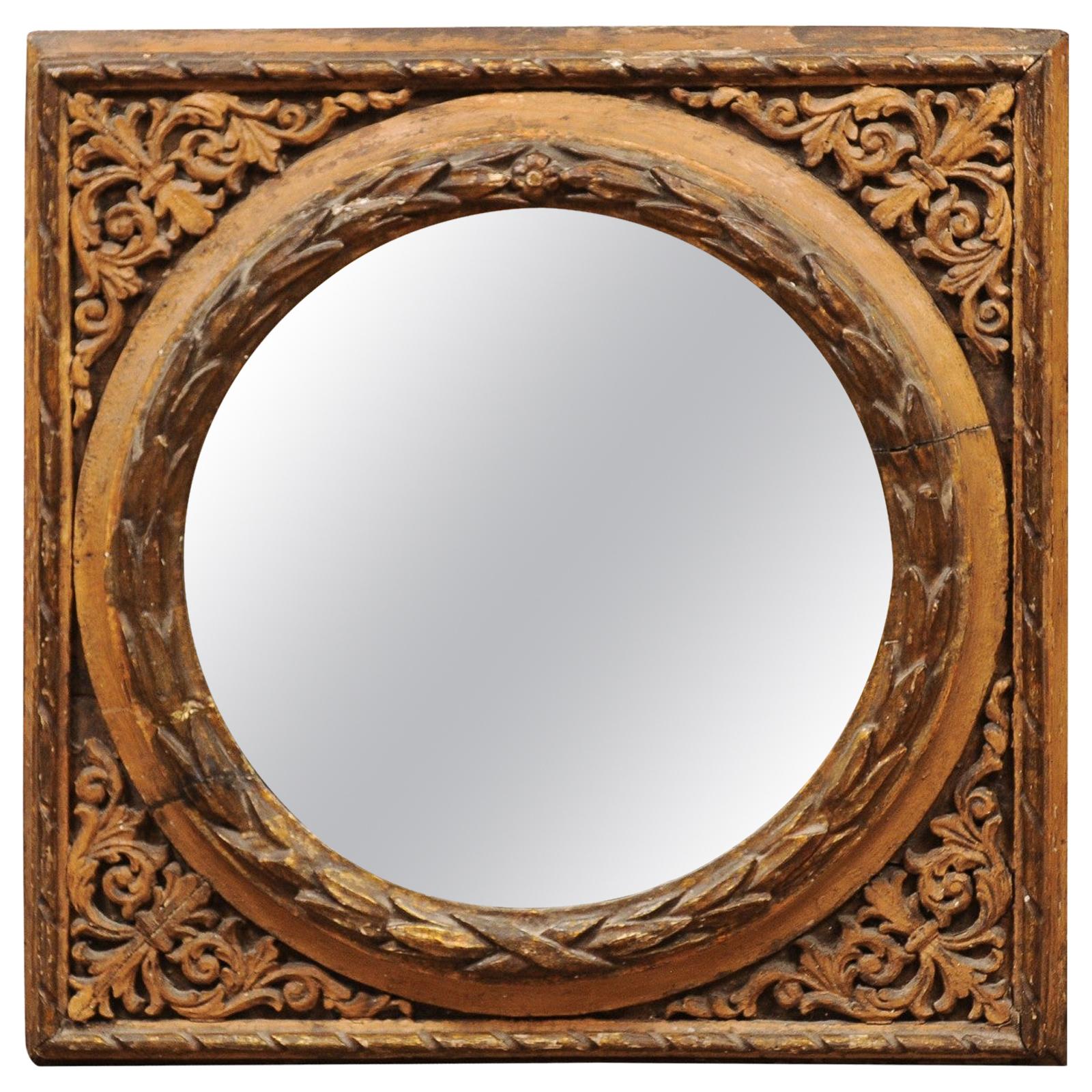Italian Giltwood Carved Square Frame with Circular Mirror Plate, 19th Century