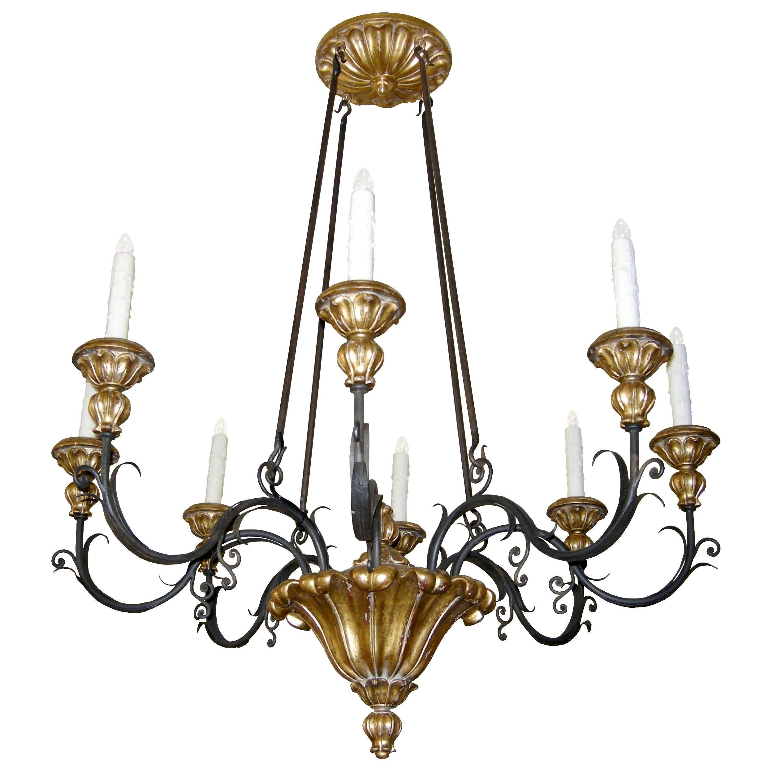 Item #: 9024 - Veneto chandelier (12-arm)
Note: This chandelier canopy shown mounts directly to ceiling, if need longer drop, inquire about transition modification.
Finish: 23-karat distressed white gold, carved giltwood & iron
Dimensions: 44