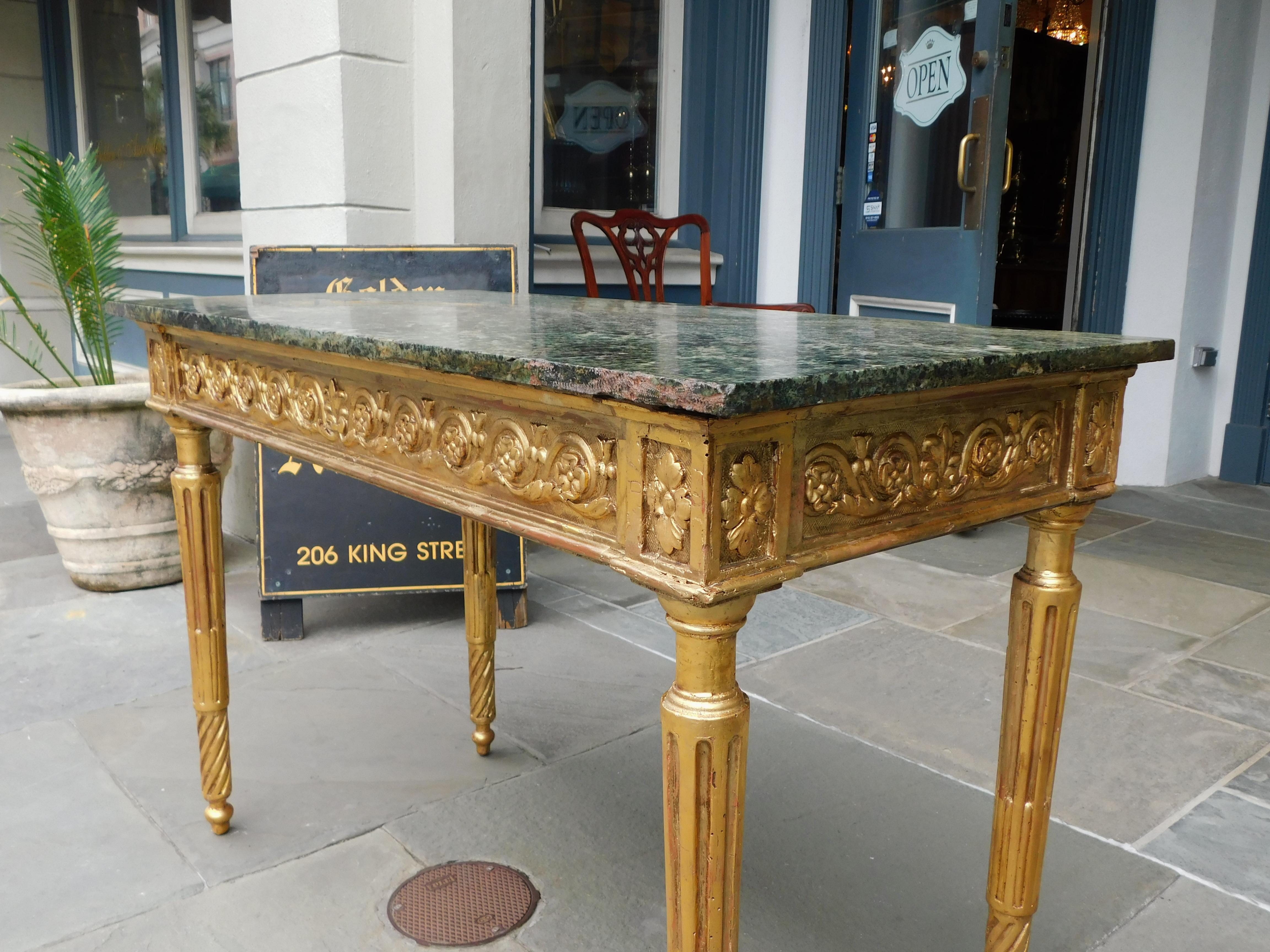 Italian Gilt Wood Marble Top Foliage Console Table with Fluted Legs, Circa 1770 For Sale 2