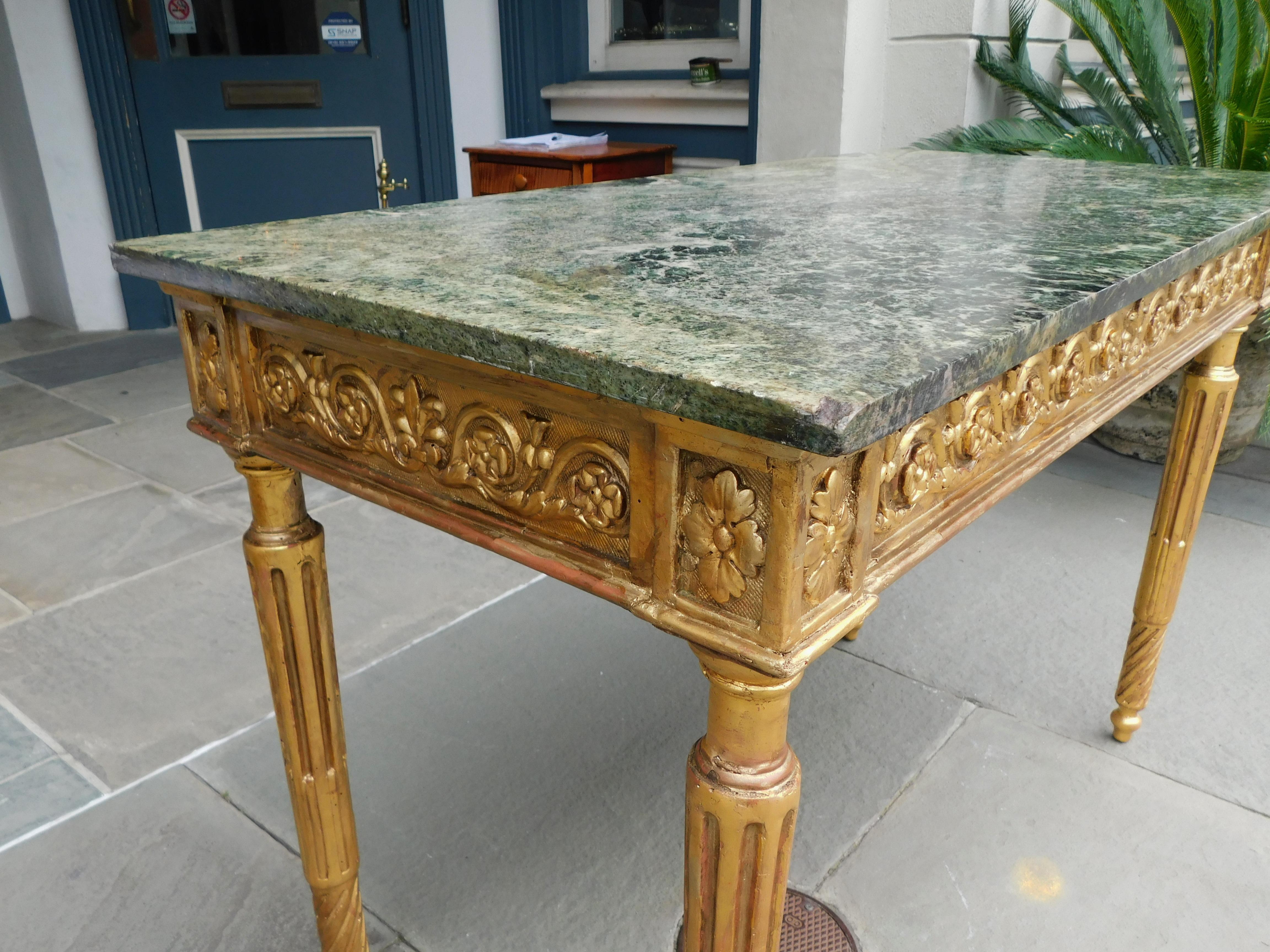 Italian Gilt Wood Marble Top Foliage Console Table with Fluted Legs, Circa 1770 For Sale 3