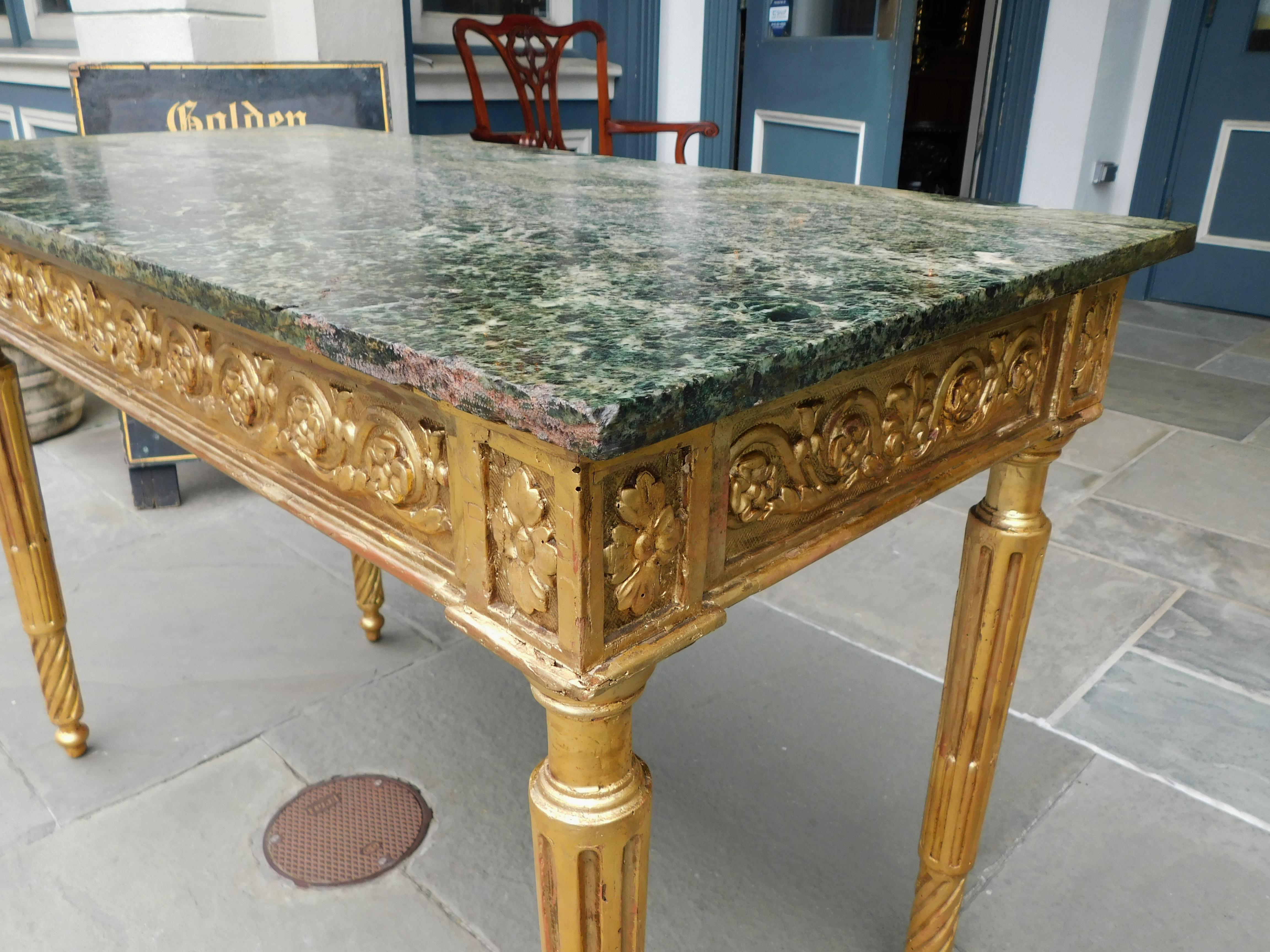 Italian Gilt Wood Marble Top Foliage Console Table with Fluted Legs, Circa 1770 For Sale 4