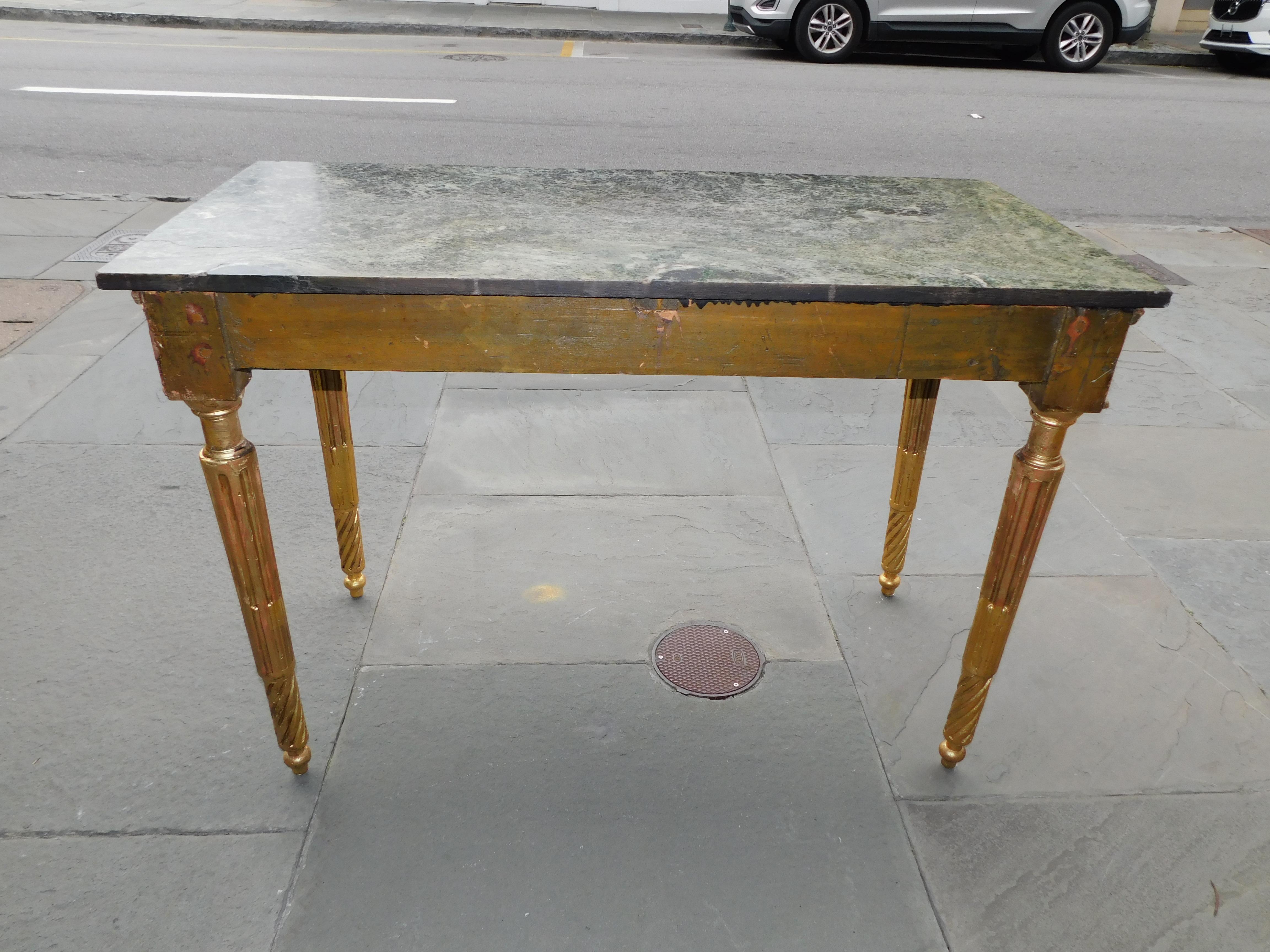 Italian Gilt Wood Marble Top Foliage Console Table with Fluted Legs, Circa 1770 For Sale 5
