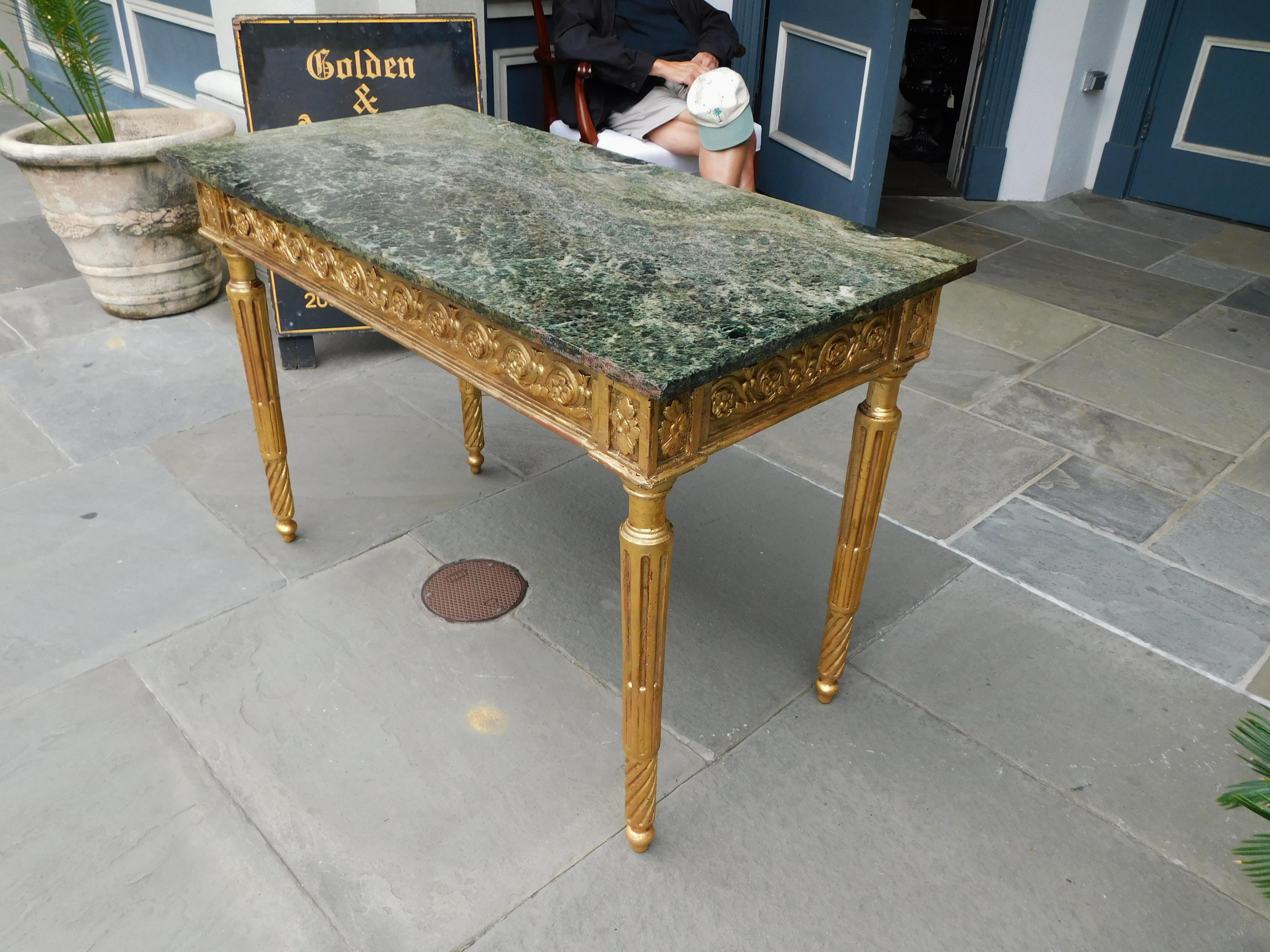 Neoclassical Italian Gilt Wood Marble Top Foliage Console Table with Fluted Legs, Circa 1770 For Sale