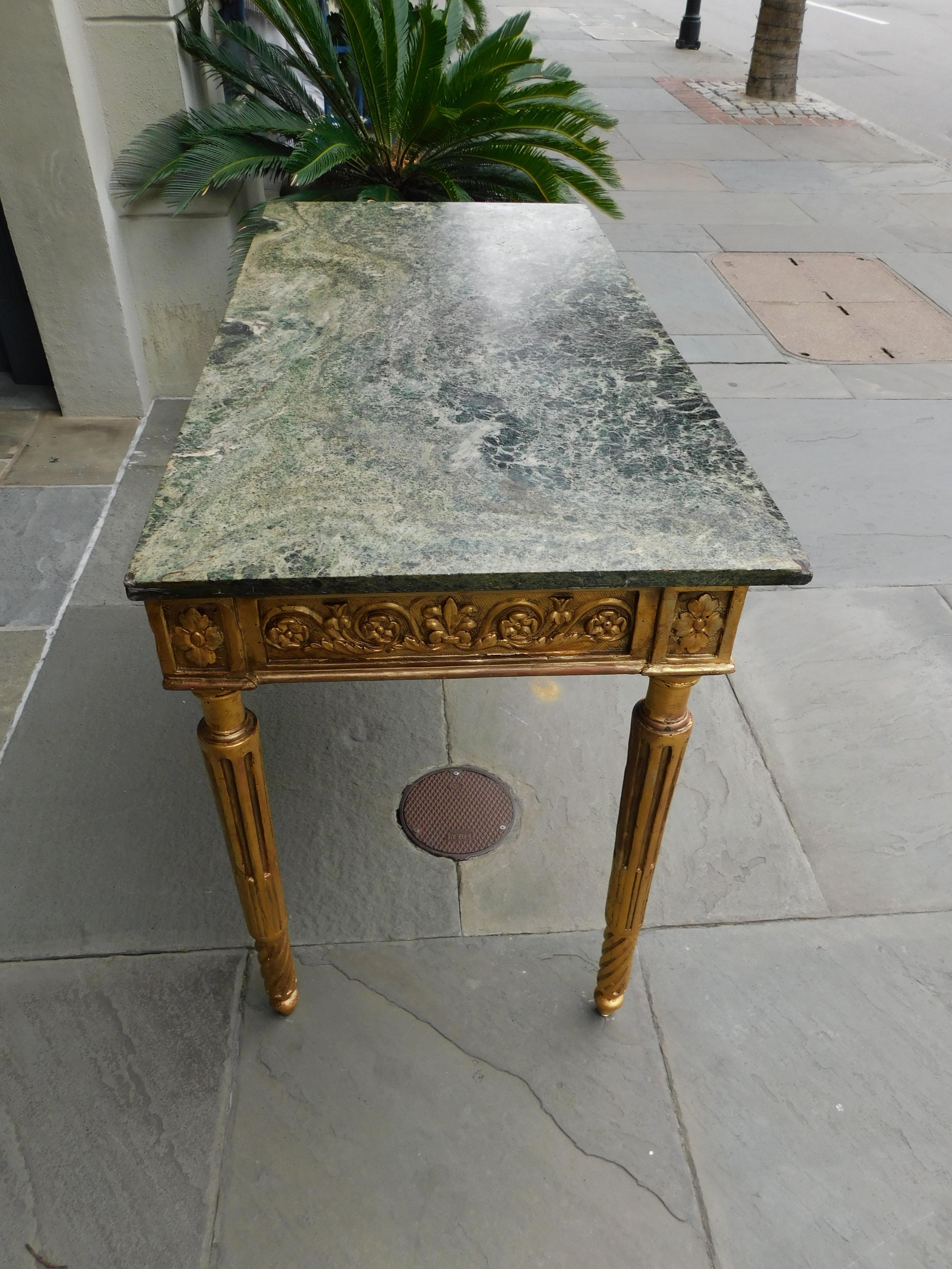 Hand-Carved Italian Gilt Wood Marble Top Foliage Console Table with Fluted Legs, Circa 1770 For Sale