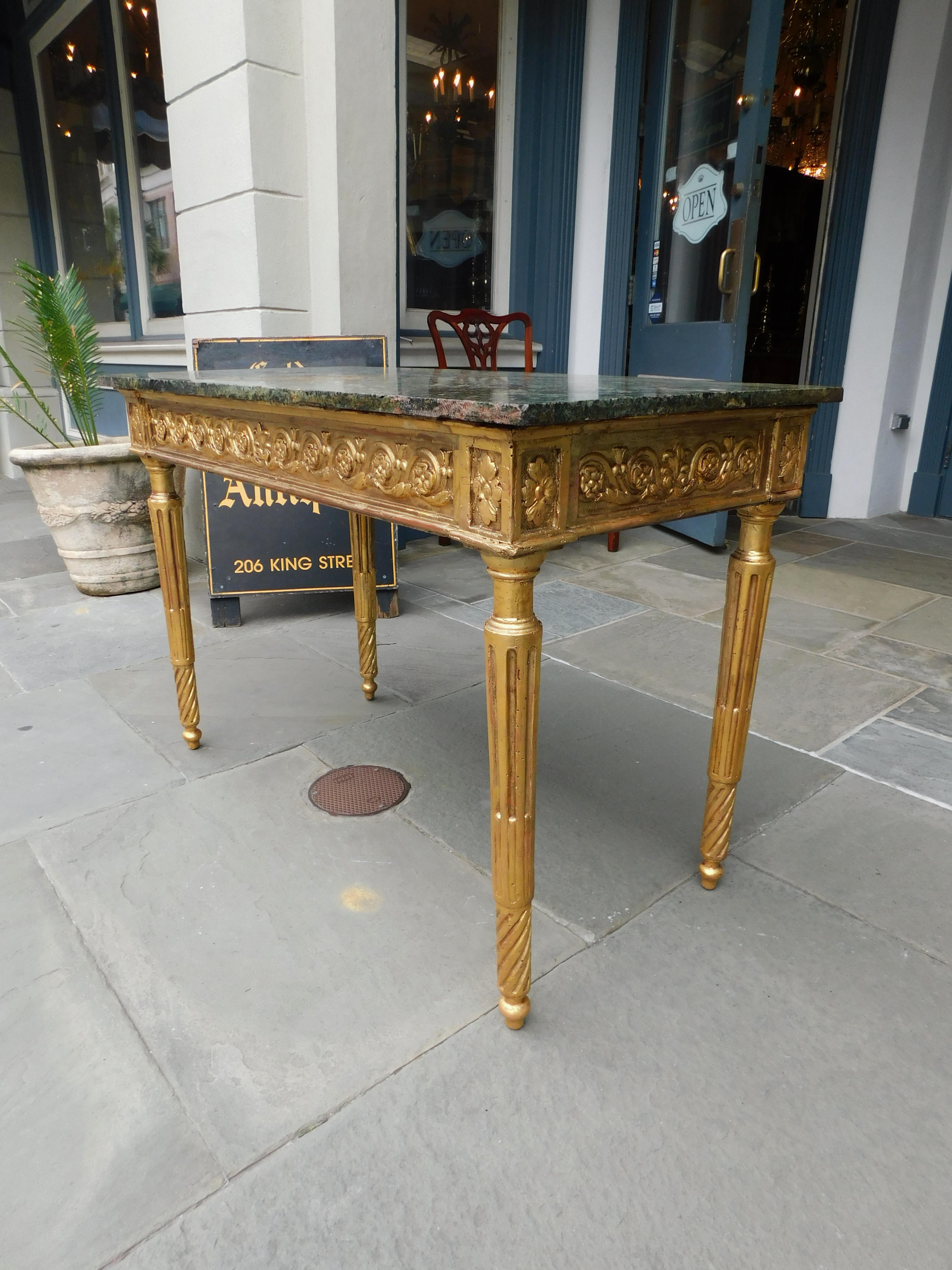 Gesso Italian Gilt Wood Marble Top Foliage Console Table with Fluted Legs, Circa 1770 For Sale