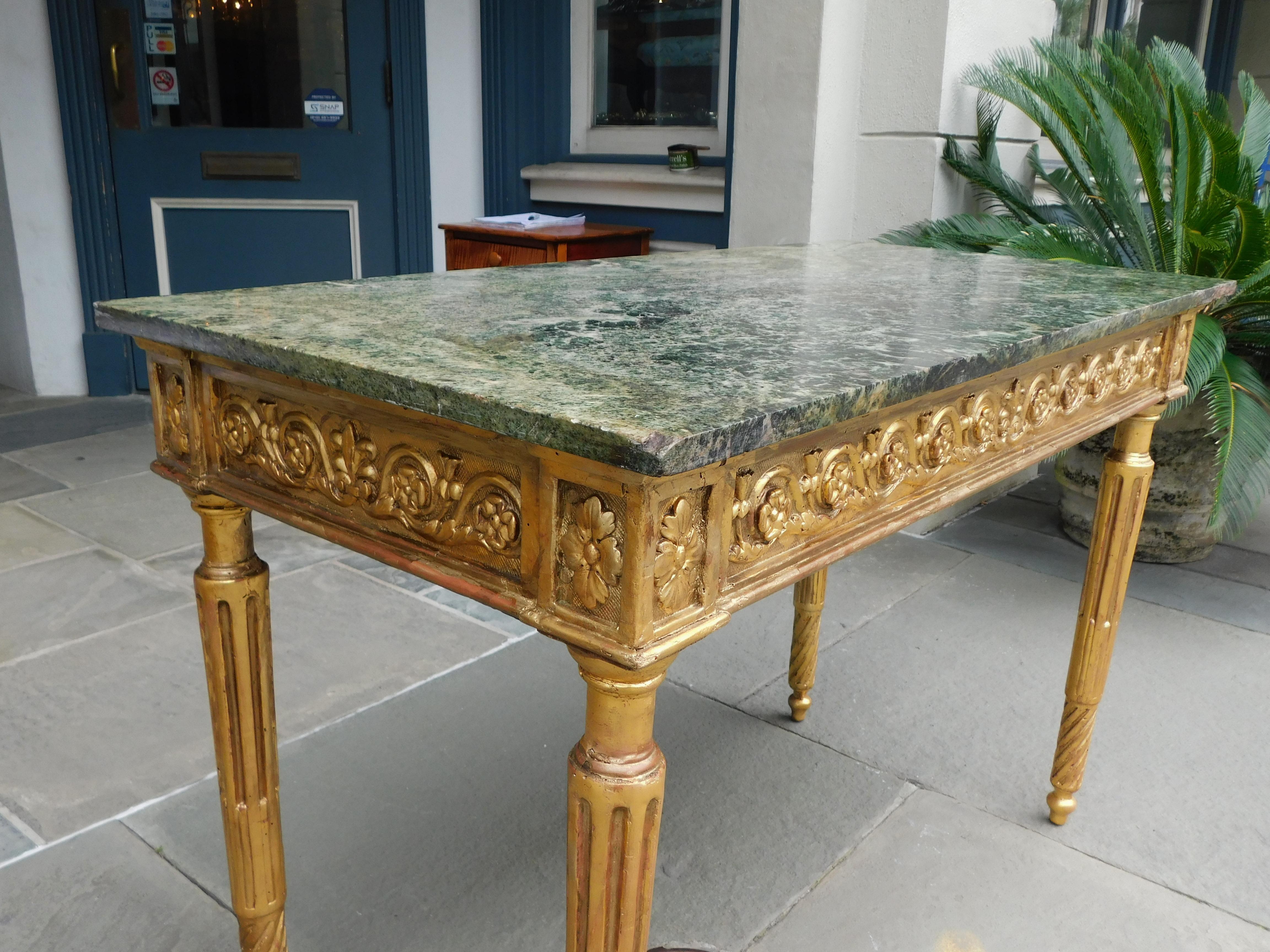 Italian Gilt Wood Marble Top Foliage Console Table with Fluted Legs, Circa 1770 For Sale 1