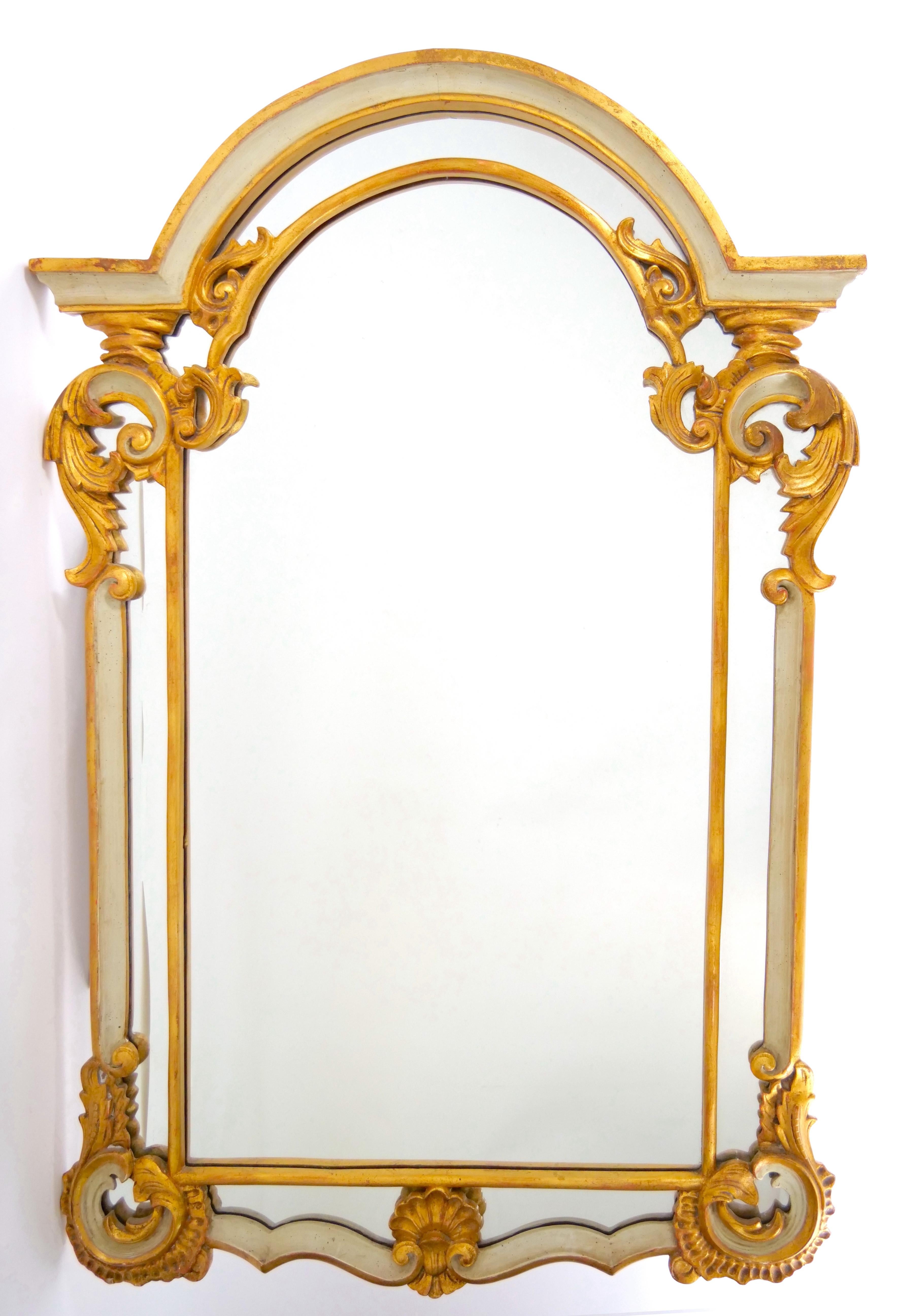 Italian Gilt Wood  & Paint Decorated Frame  Hanging Wall Beveled Mirror For Sale 5