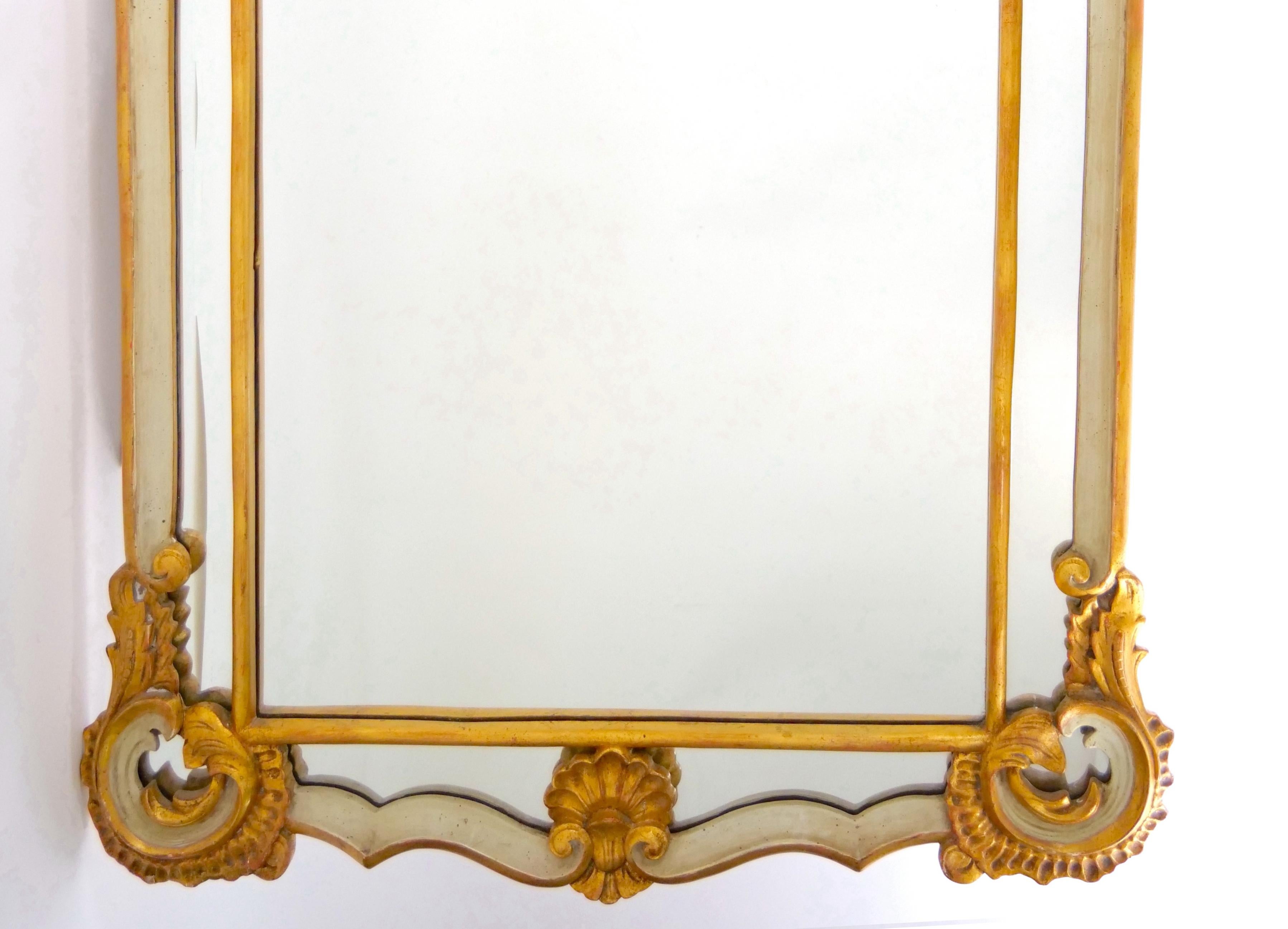 Hollywood Regency Italian Gilt Wood  & Paint Decorated Frame  Hanging Wall Beveled Mirror For Sale