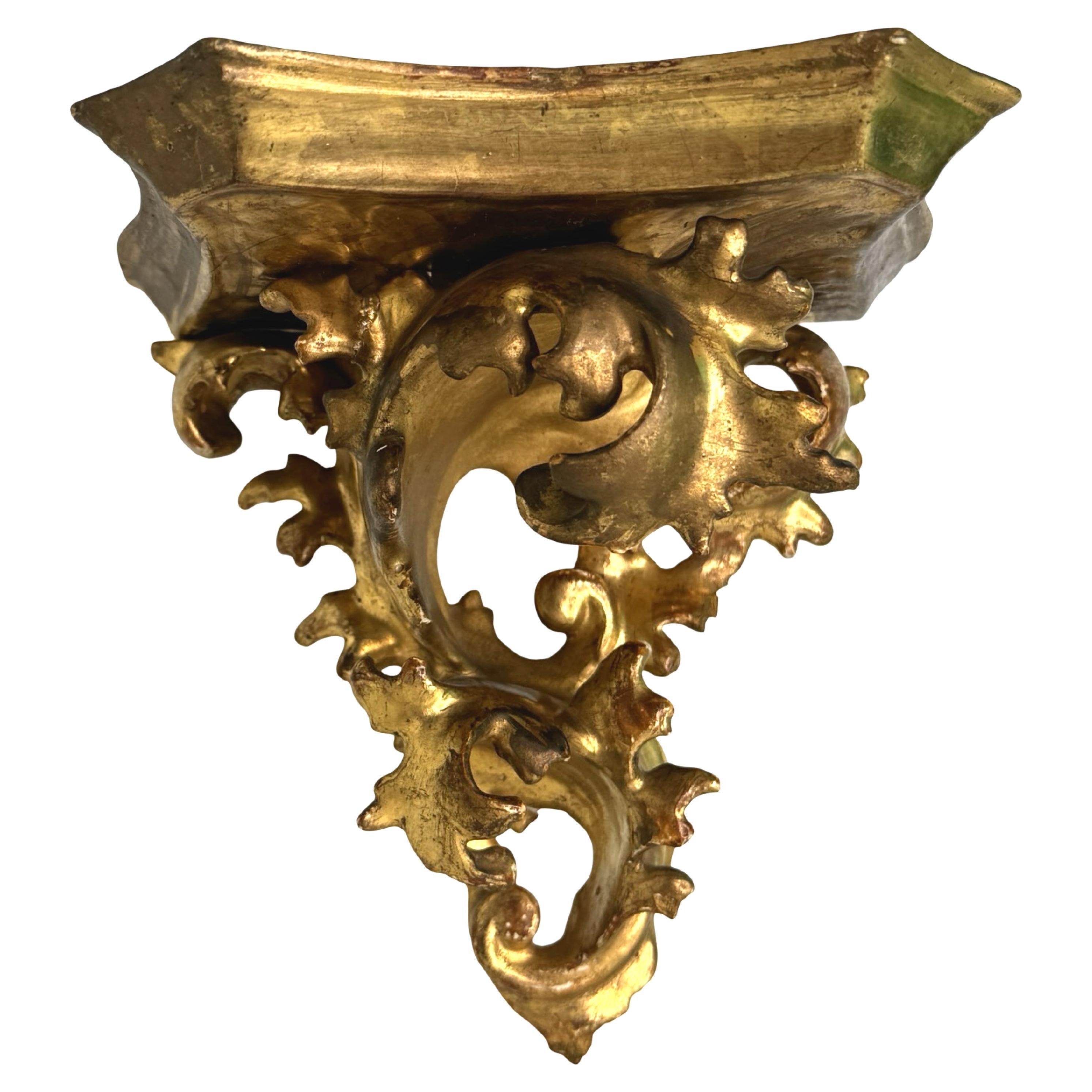 Italian Gilt Wood Wall Shelf, Hand Carved Rococo Style, 1950s