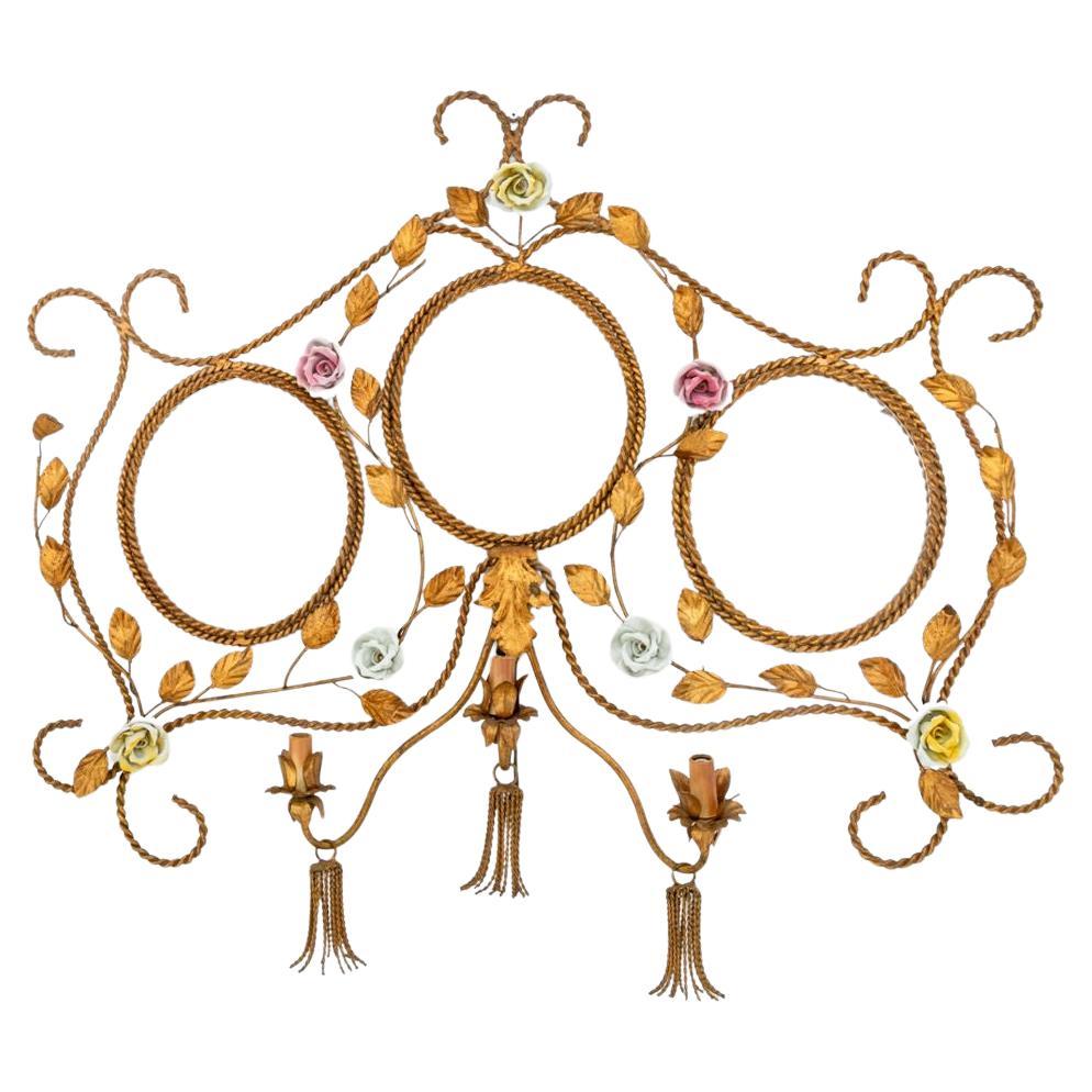 Aplique de Pared con Espejo de Hierro Forjado Dorado Italiano en venta