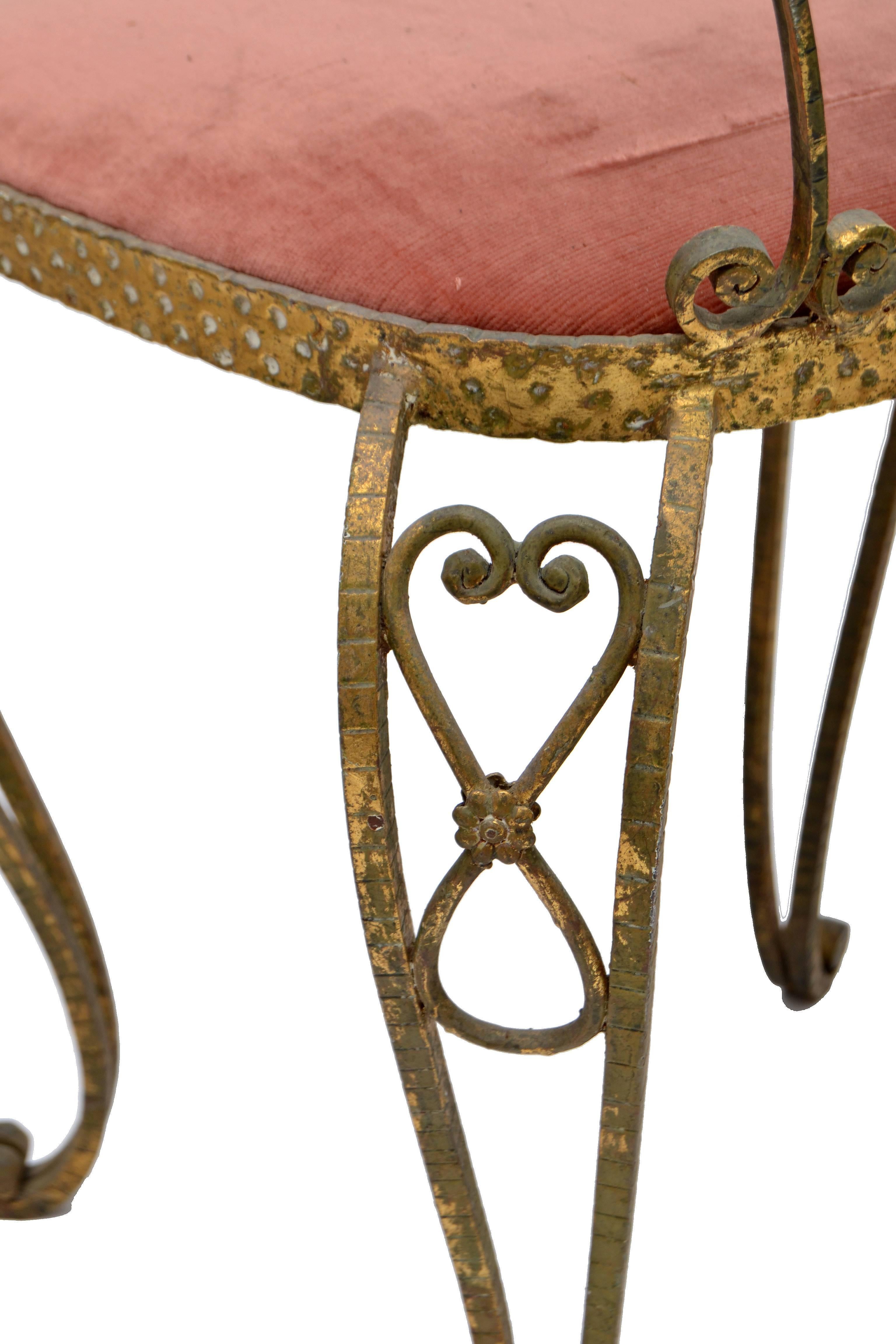 Art Deco Italian Gilt Wrought Iron Vanity Chair Pink Velvet Upholstery Pier Luigi Colli For Sale