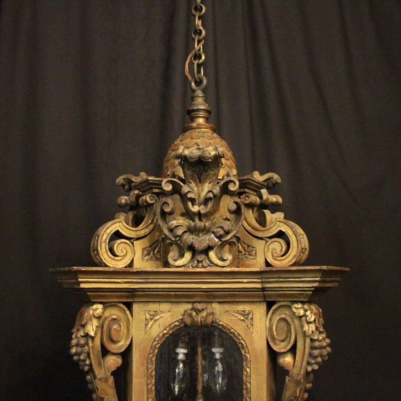 Baroque Revival Italian Giltwood 19th Century Triple Light Antique Lantern