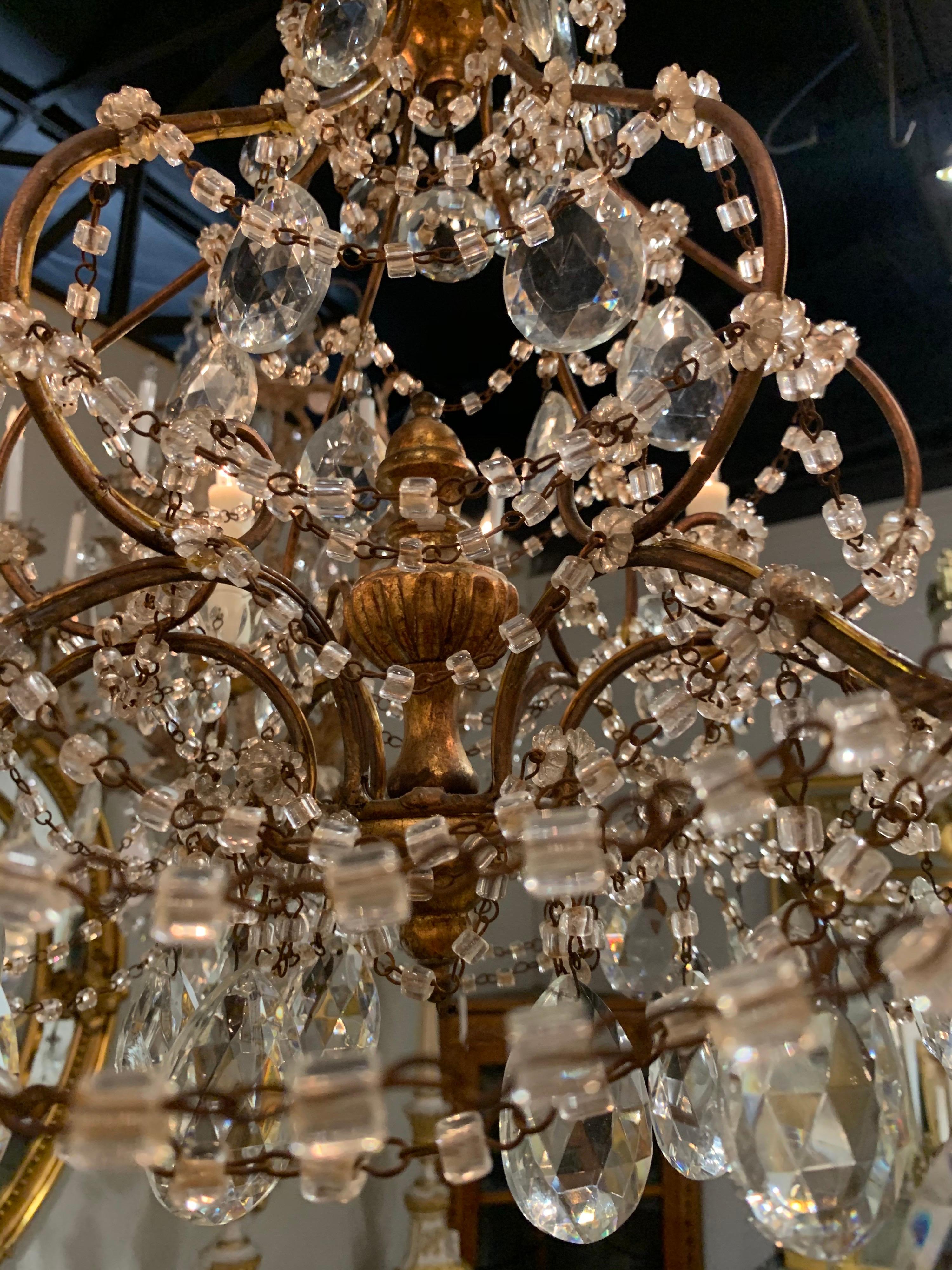 Italian Giltwood and Beaded Crystal Chandelier In Good Condition For Sale In Dallas, TX