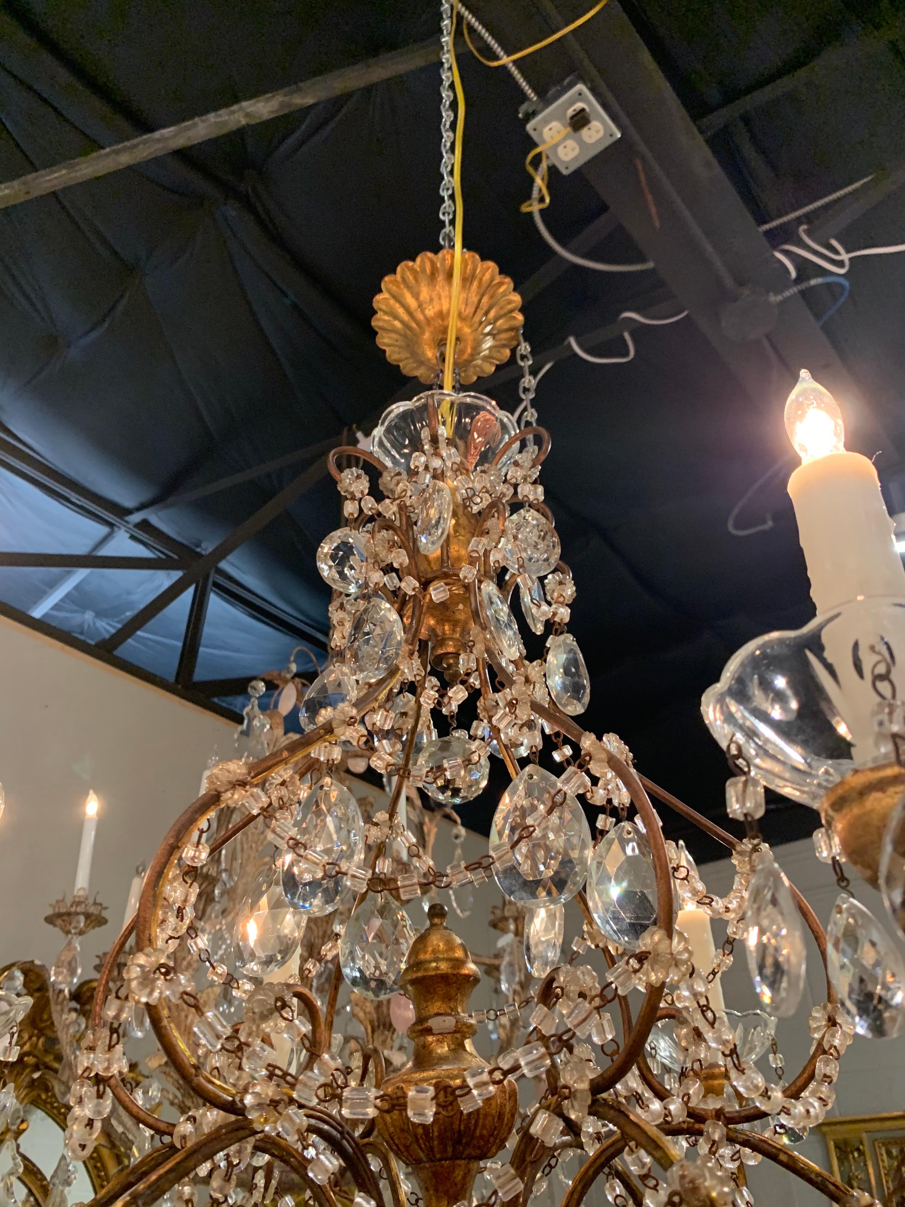 Italian Giltwood and Beaded Crystal Chandelier For Sale 1