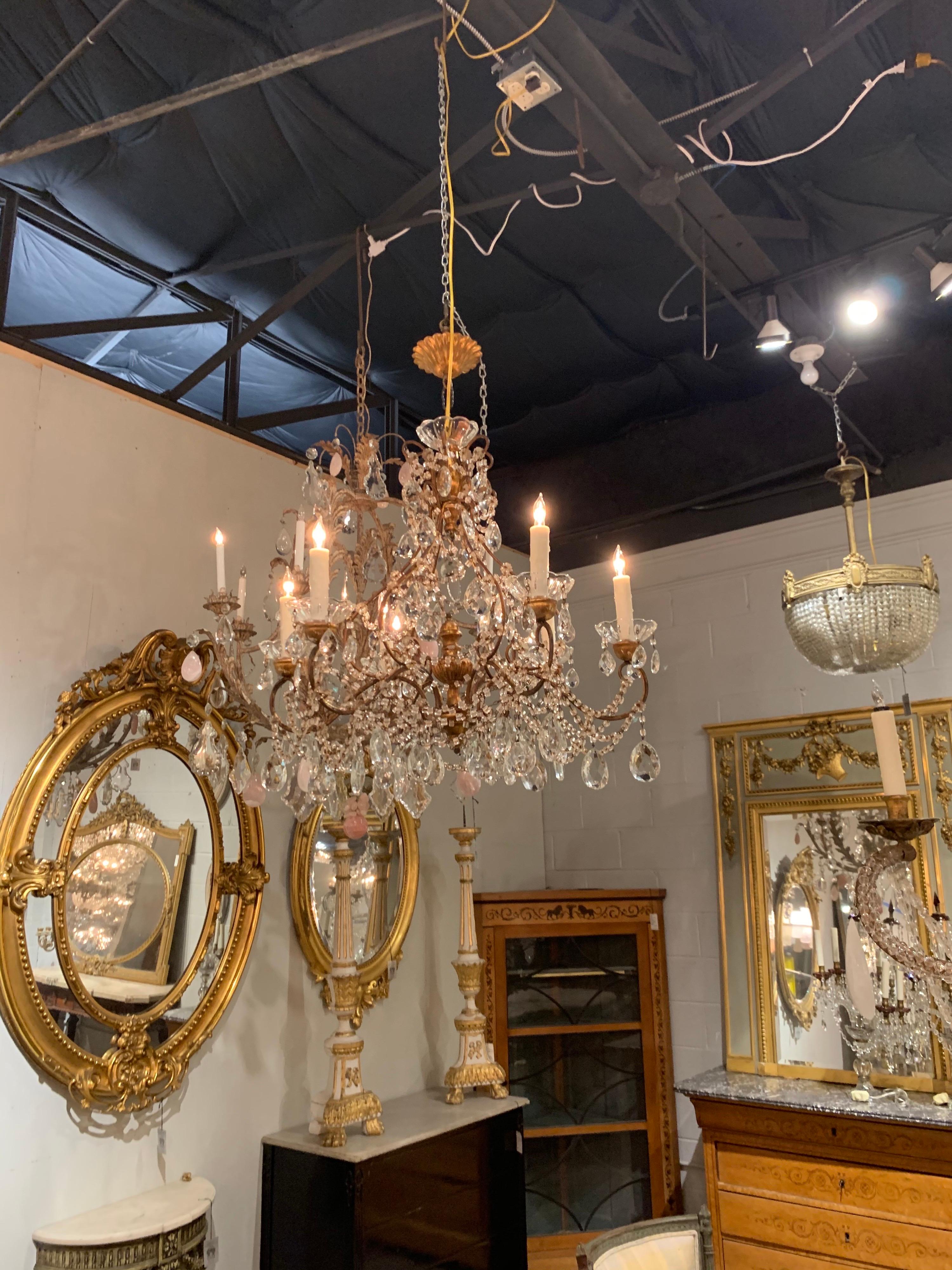 Italian Giltwood and Beaded Crystal Chandelier For Sale 2