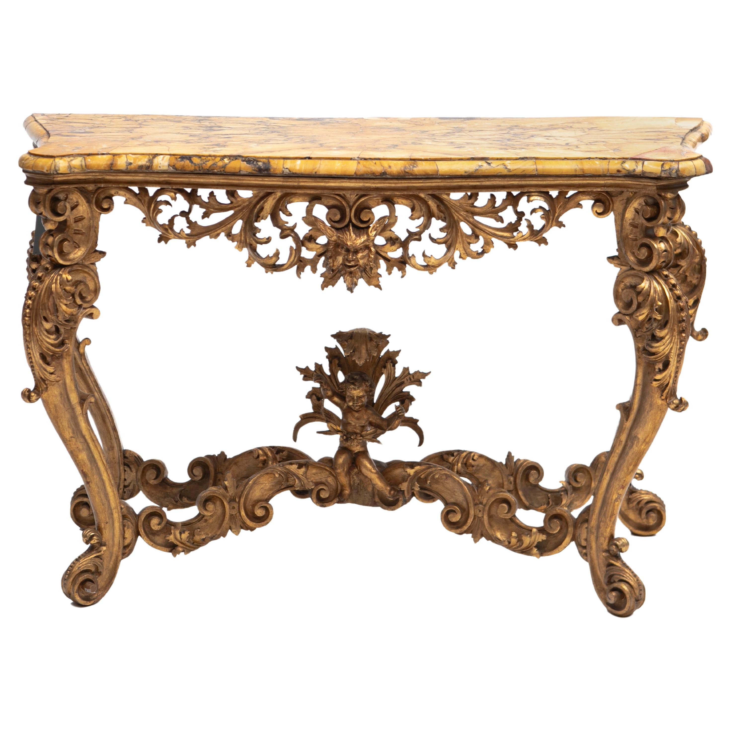 Italian Giltwood and Breche D'alep Console With Table Marble Top For Sale