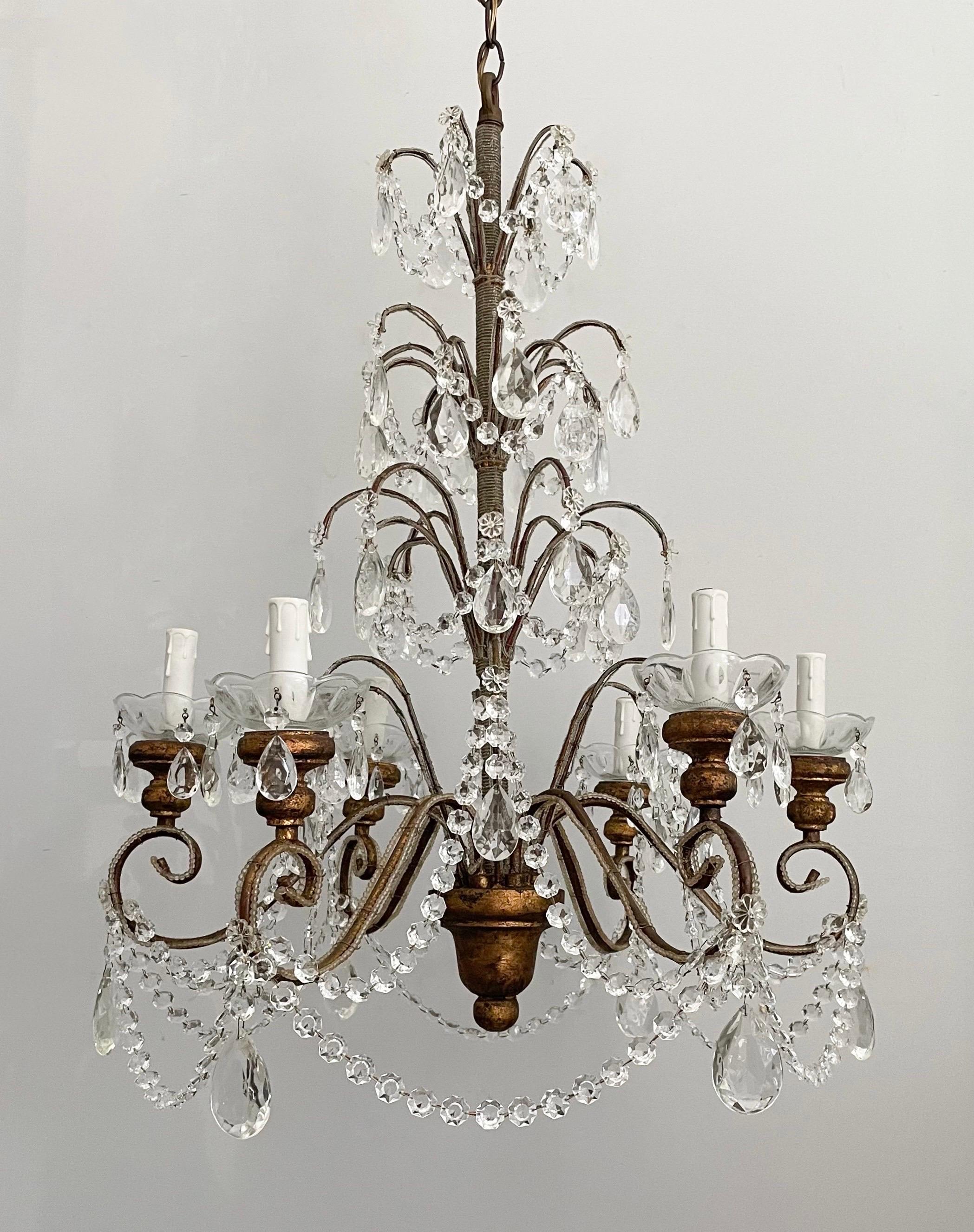 Louis XVI Italian Giltwood and Crystal Beaded Chandelier  For Sale