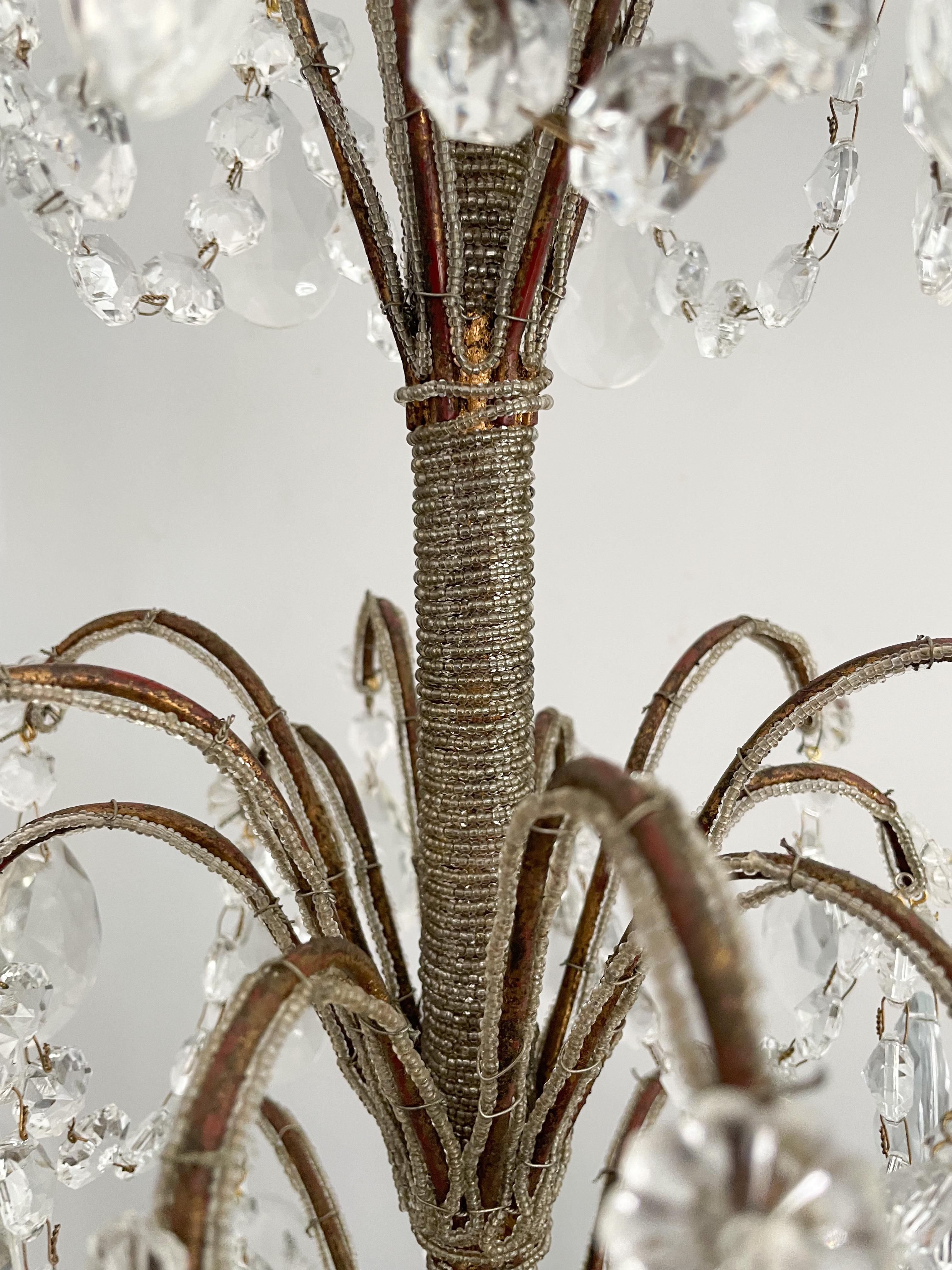 Mid-20th Century Italian Giltwood and Crystal Beaded Chandelier  For Sale