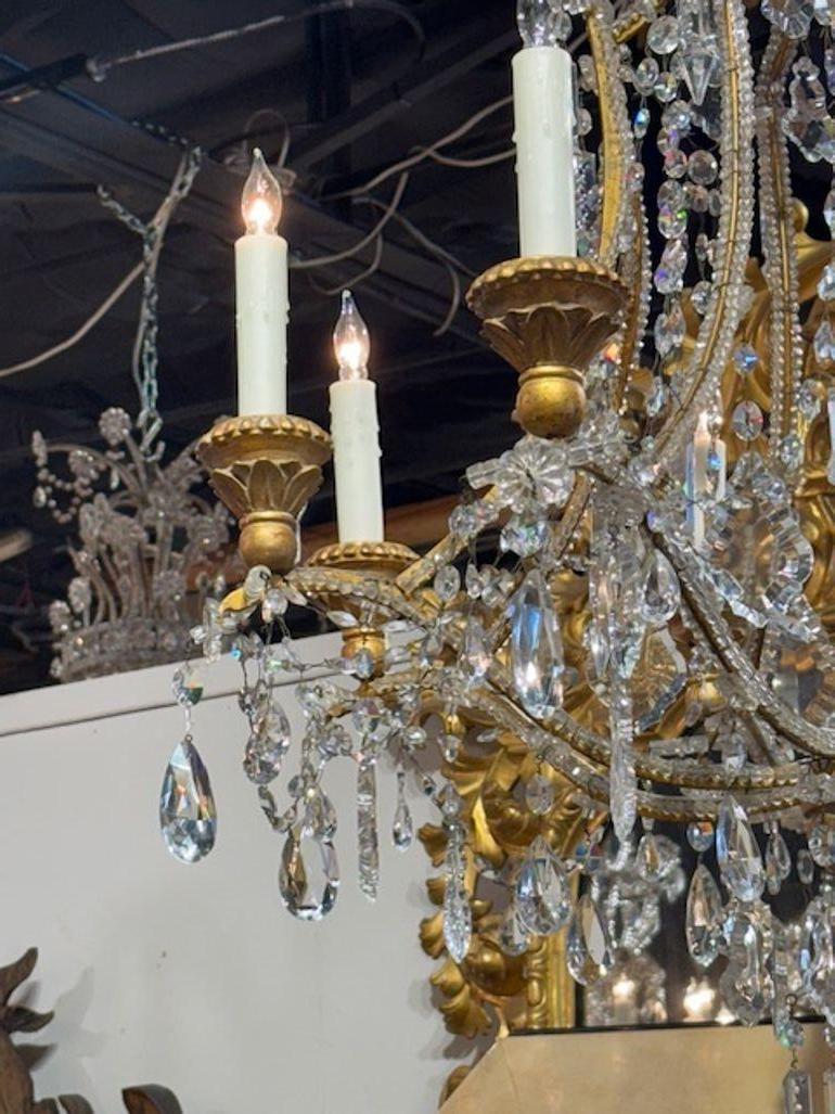 20th Century Italian Giltwood and Crystal Pagoda Chandelier For Sale