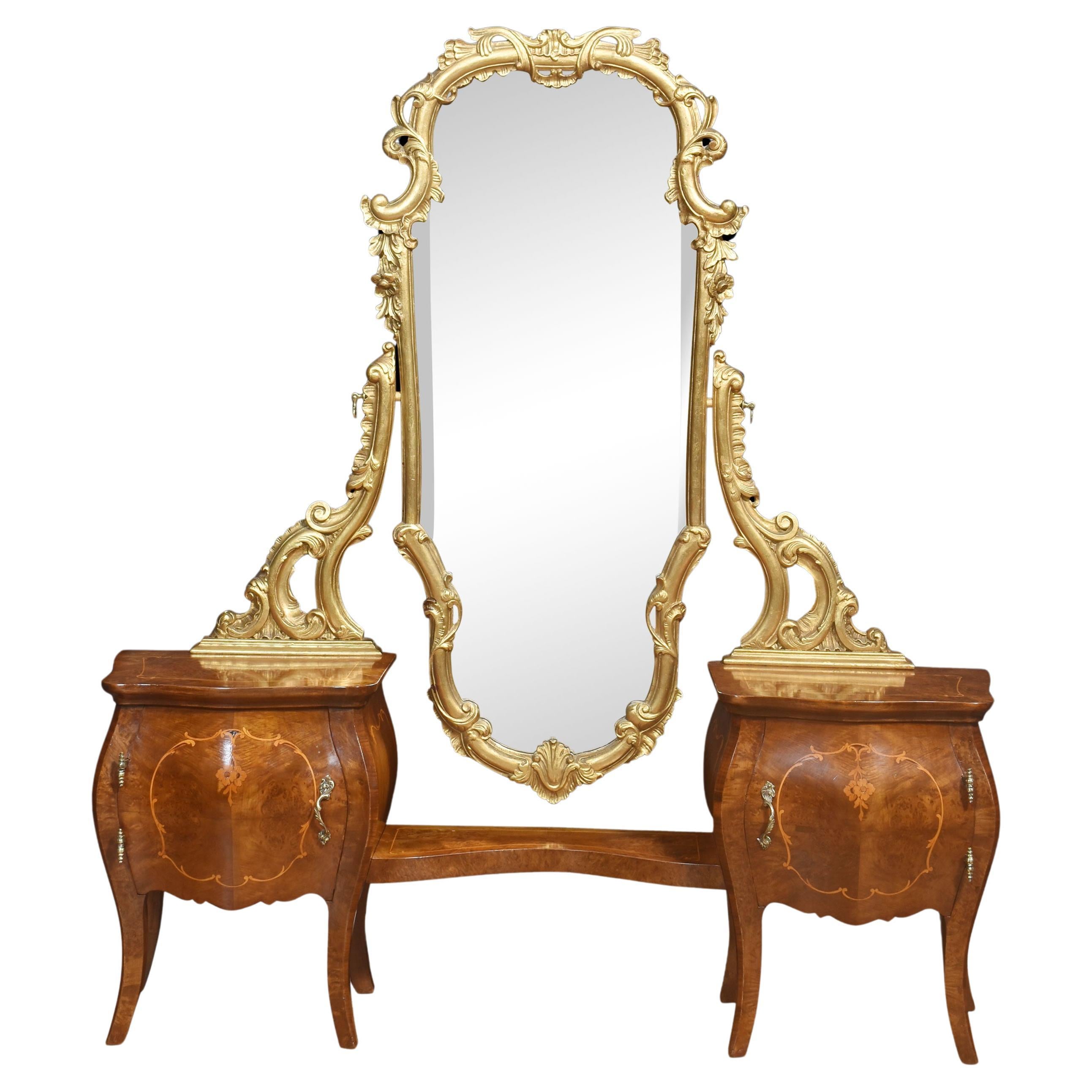 Italian giltwood and figured walnut dressing mirror For Sale