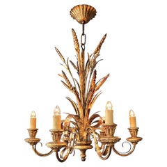 Lustre italien en bois doré et métal doré, décoré de gerbes de blé, à 6 lumières, CIRCA 1950