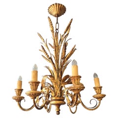 Lustre italien en bois doré et métal doré, décoré de gerbes de blé, à 6 lumières, CIRCA 1950