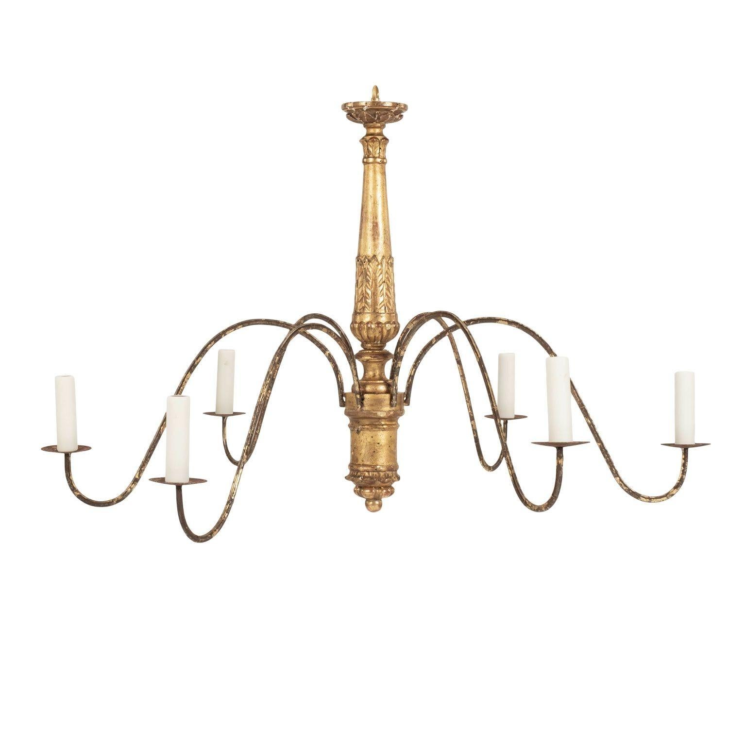 French Provincial Italian Giltwood and Iron Six-Arm Chandelier