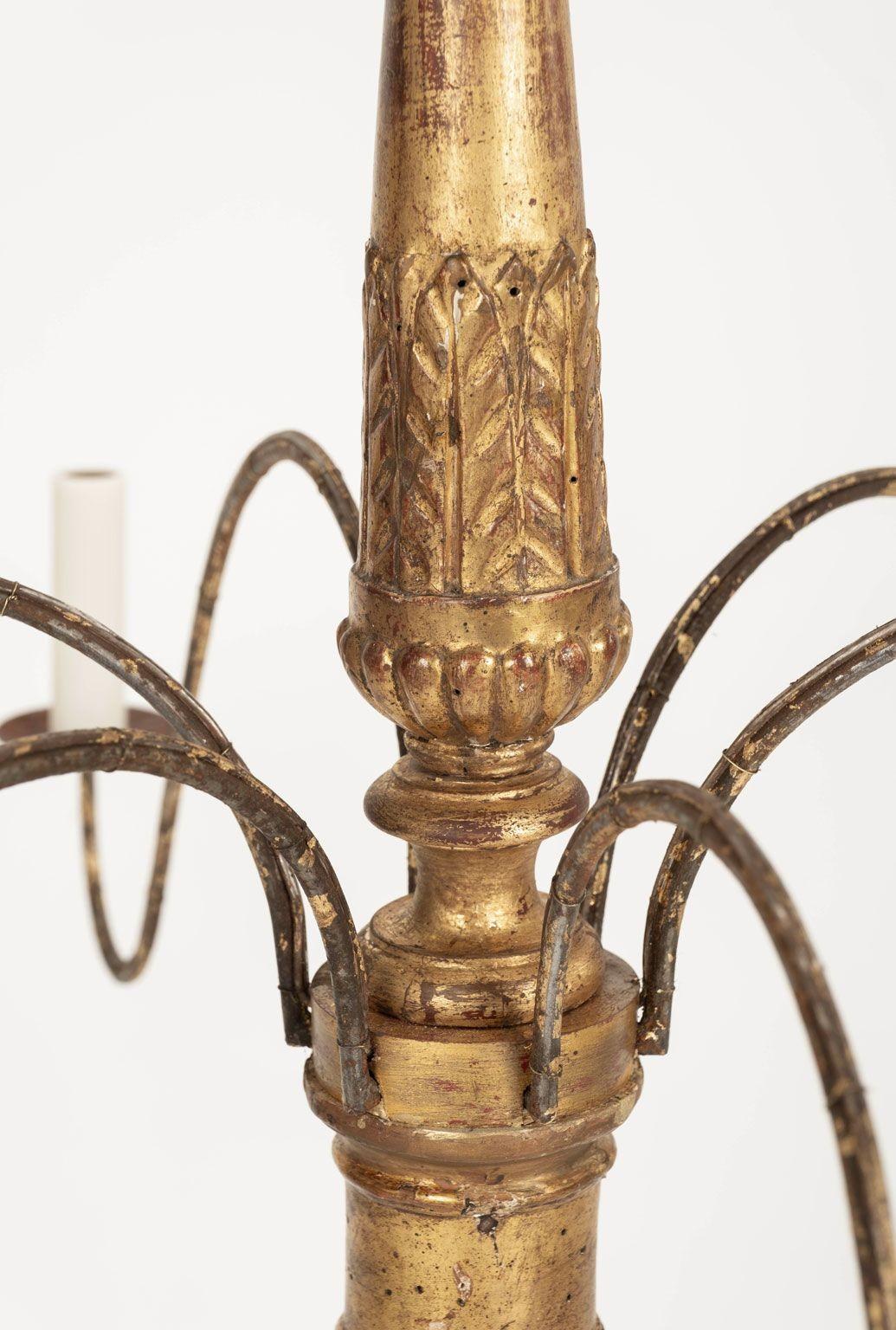 Hand-Carved Italian Giltwood and Iron Six-Arm Chandelier