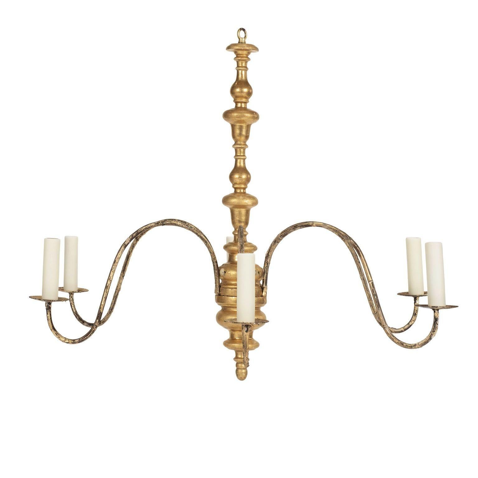 Hand-Carved Italian Giltwood and Iron Six-Arm Chandelier