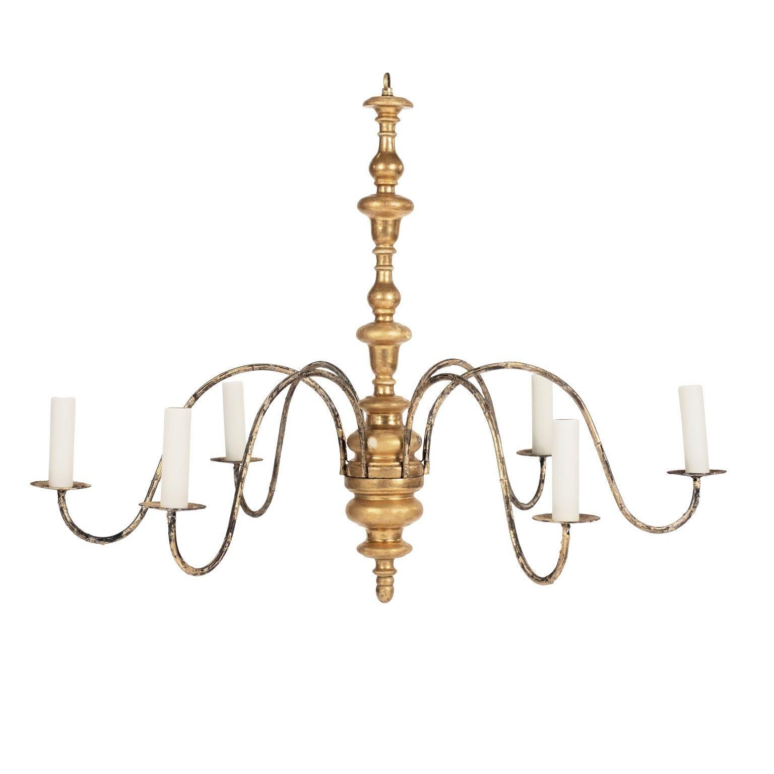 Italian Giltwood and Iron Six-Arm Chandelier In Good Condition In Houston, TX