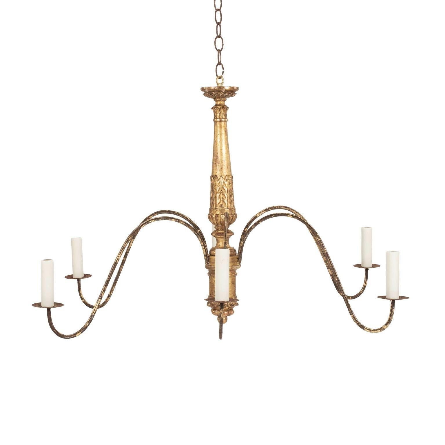 Steel Italian Giltwood and Iron Six-Arm Chandelier