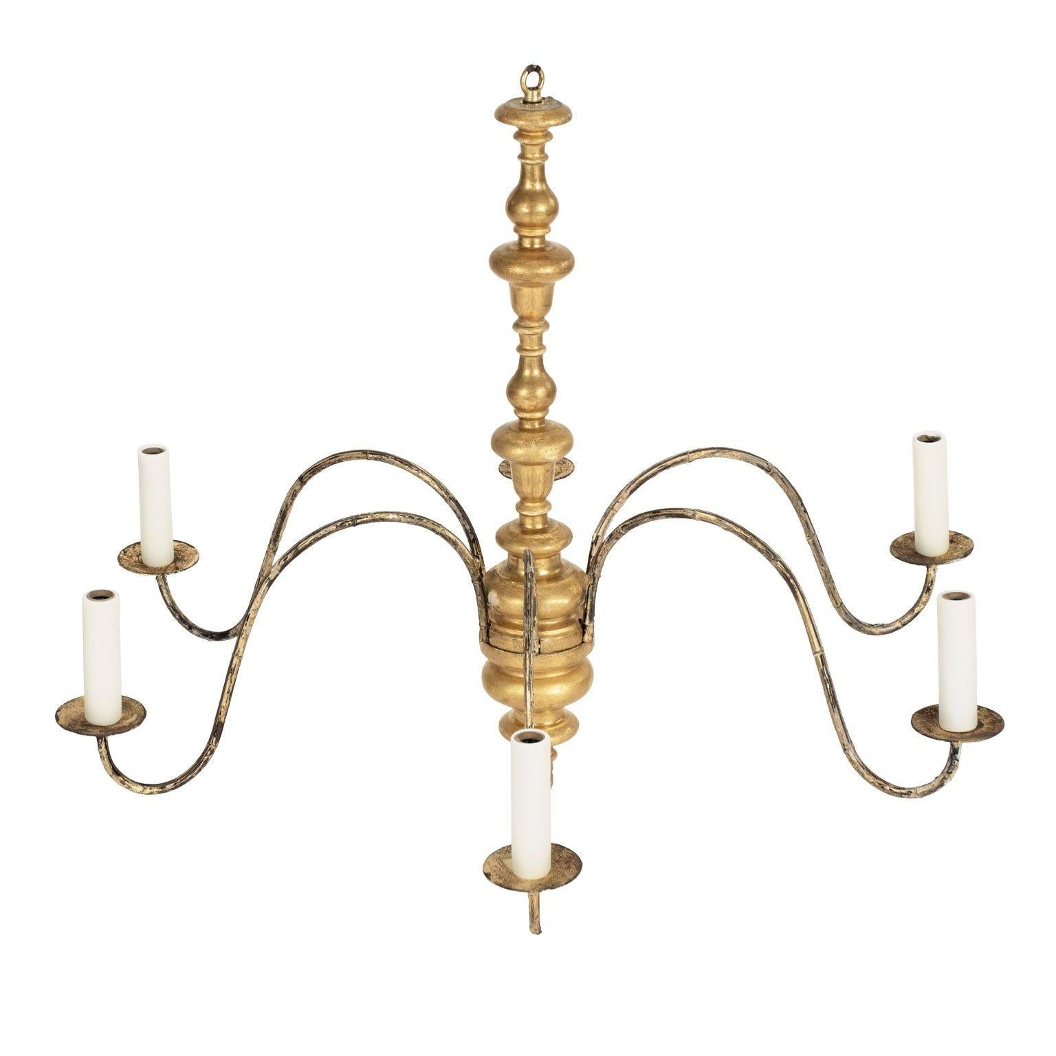 Steel Italian Giltwood and Iron Six-Arm Chandelier