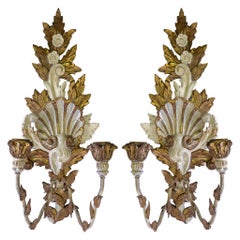 Italian Giltwood And Painted Carved Sconces With Shell And Floral Motif, Pair