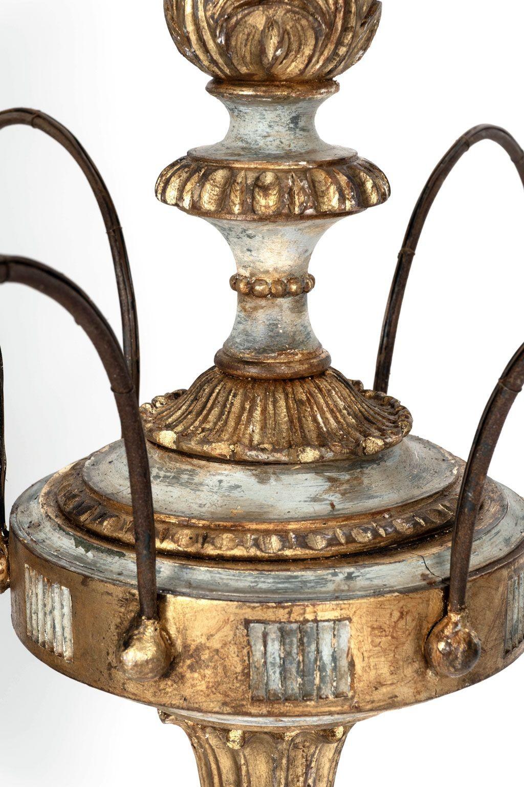 Hand-Carved Italian Giltwood and Painted Six-Arm Chandelier For Sale