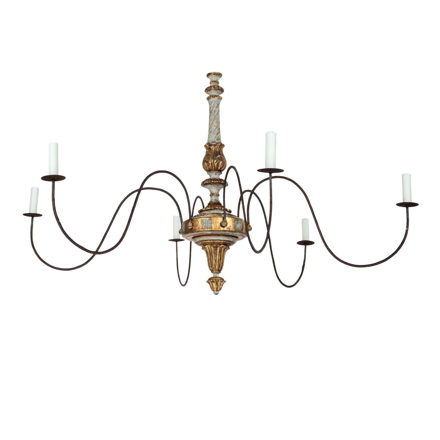 Italian Giltwood and Painted Six-Arm Chandelier In Good Condition For Sale In Houston, TX