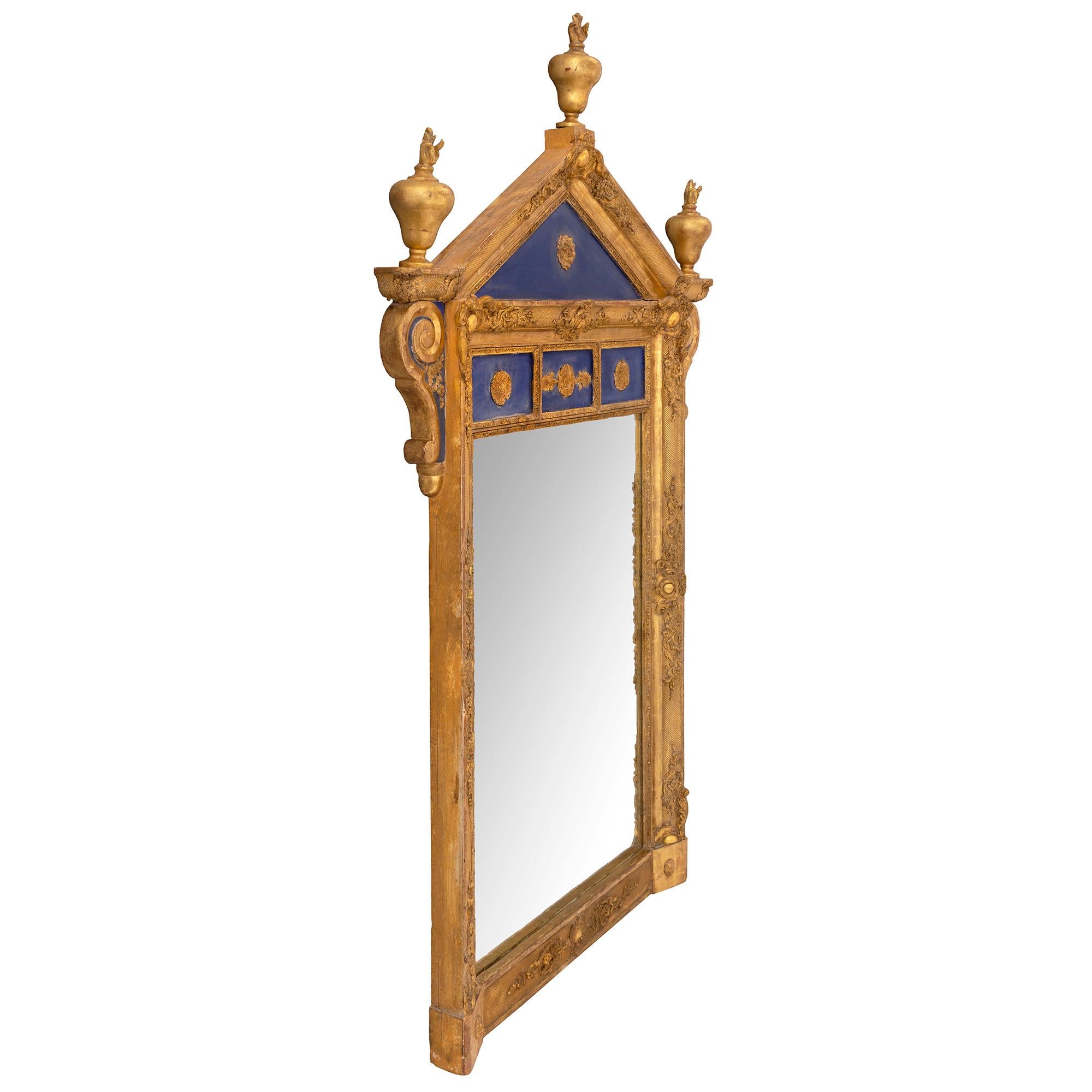 Neoclassical Italian Giltwood and Patinated Cobalt Blue Mirror For Sale