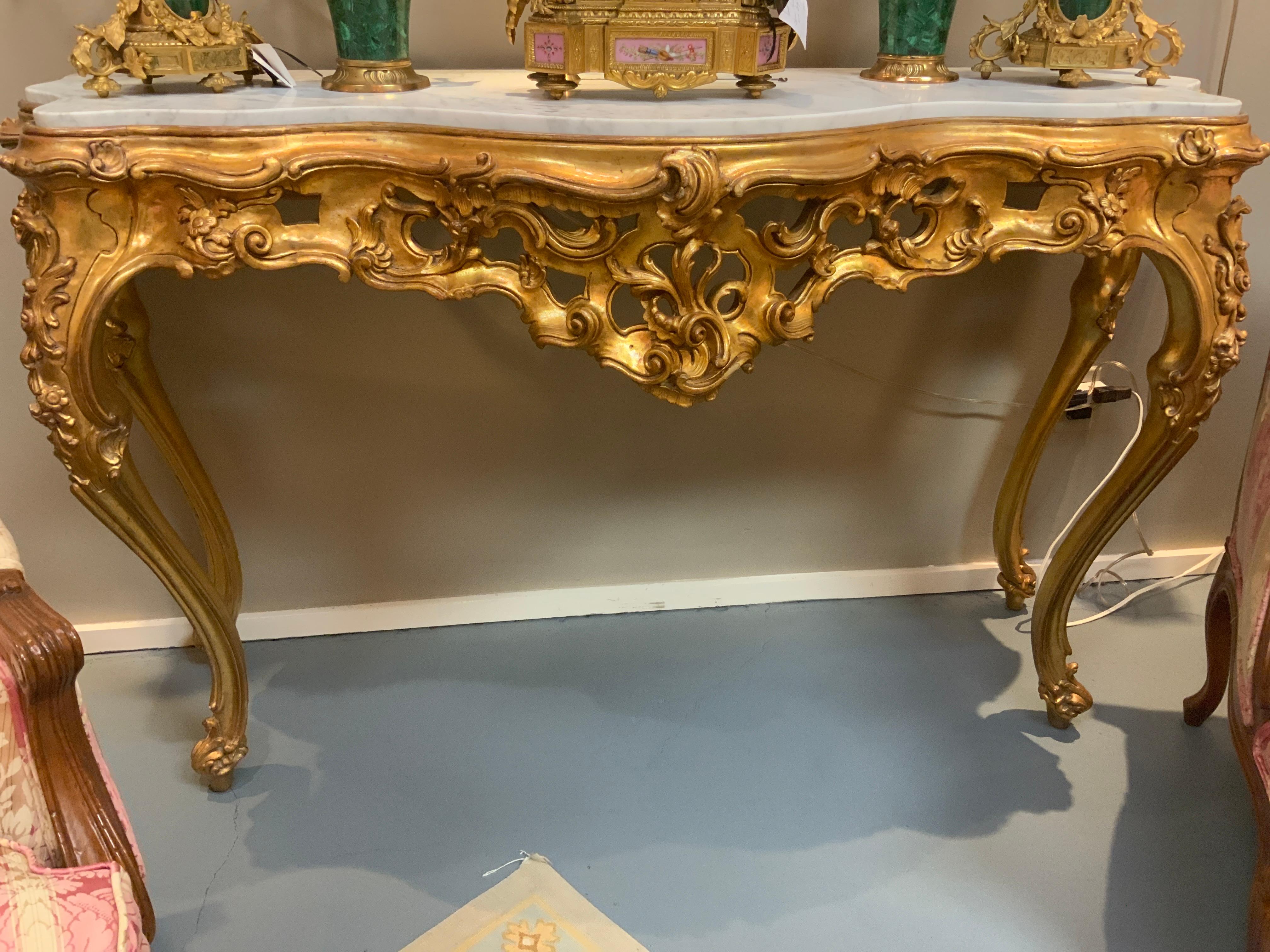 Italian Giltwood and White Marble-Top Console Table with Scrolls /Floral Motif For Sale 2