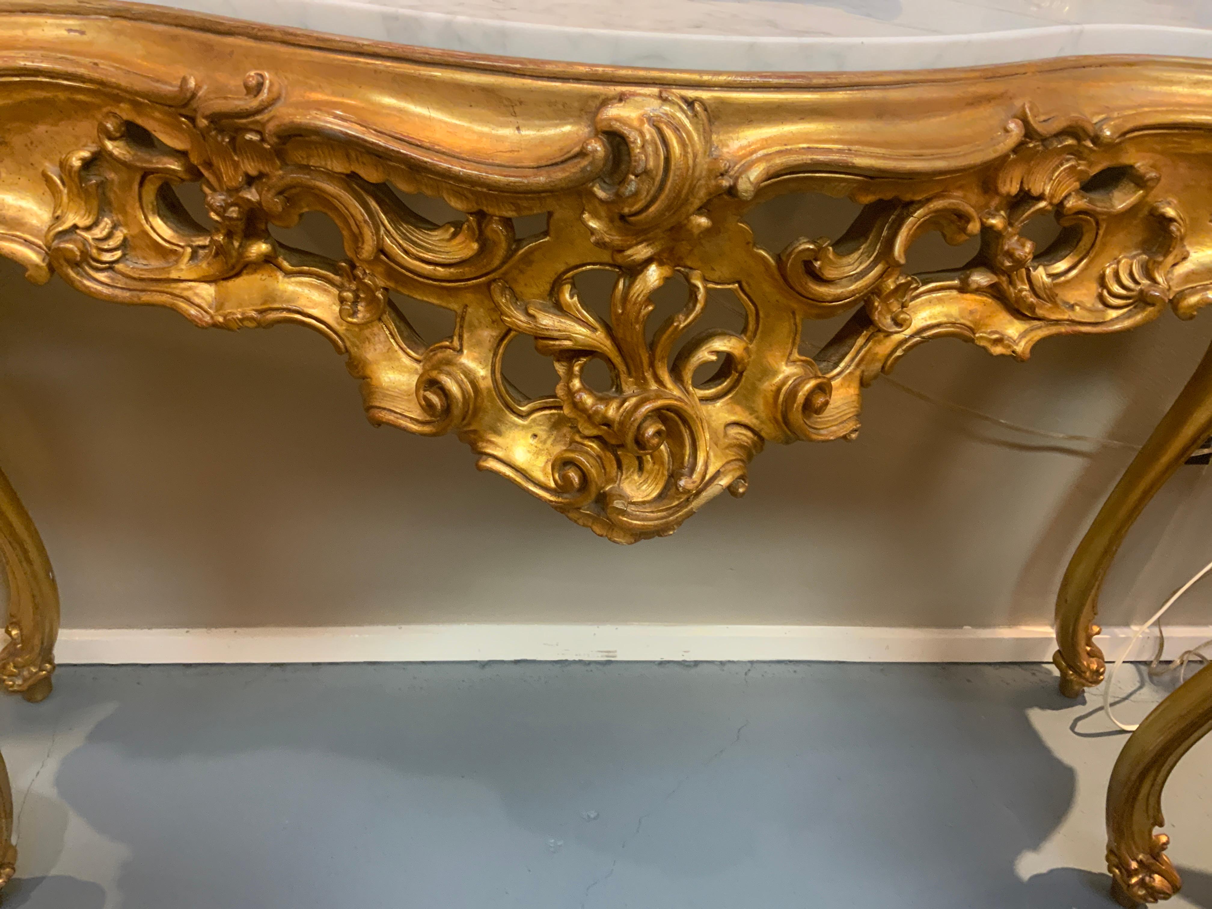 Italian Giltwood and White Marble-Top Console Table with Scrolls /Floral Motif For Sale 3