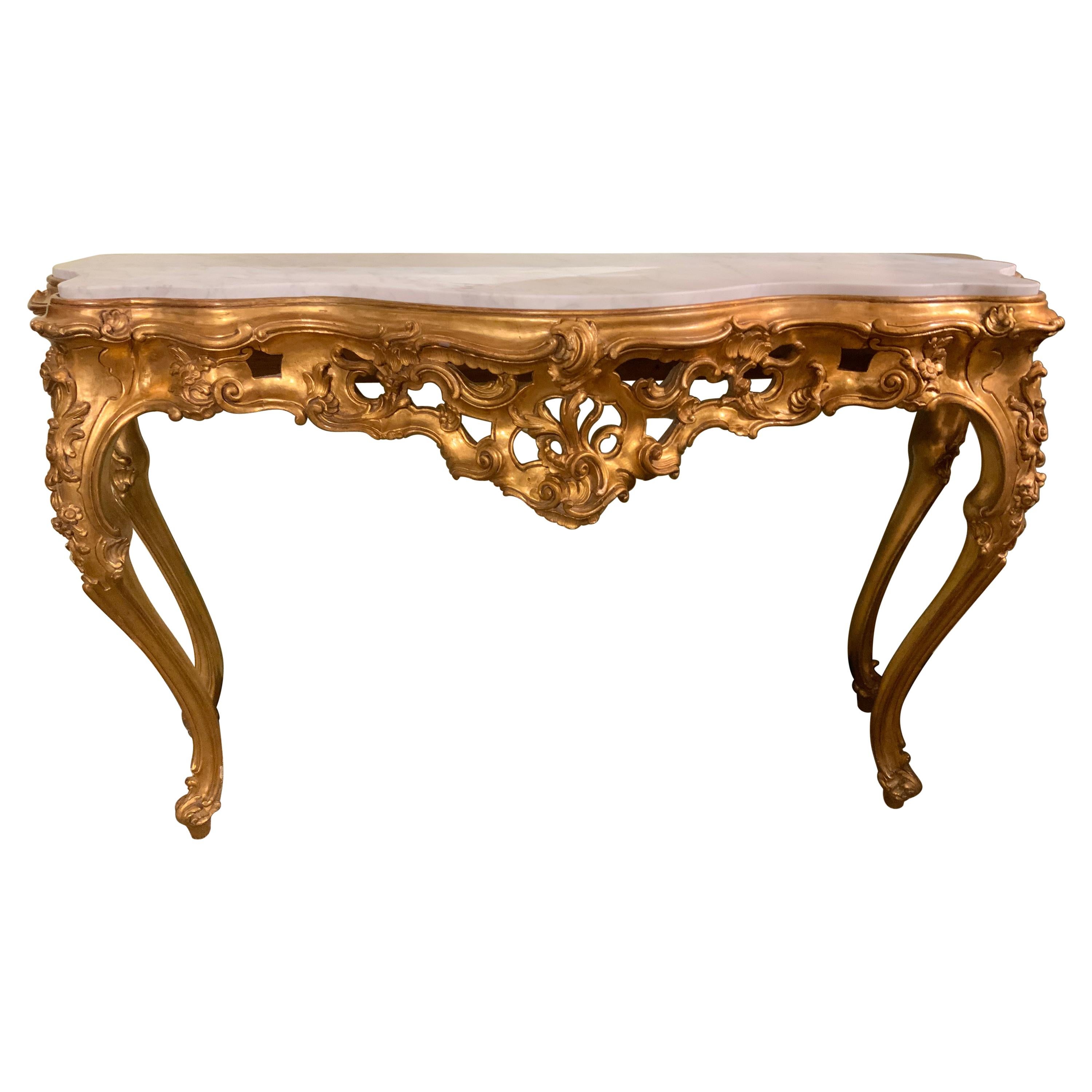Italian Giltwood and White Marble-Top Console Table with Scrolls /Floral Motif For Sale